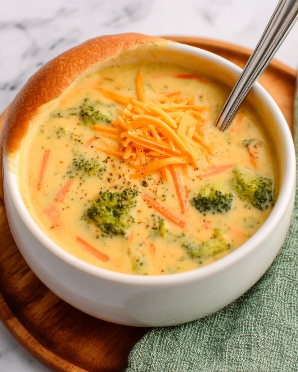 The image shows a white bowl filled with creamy broccoli cheese soup placed on a white marbled texture surface. The soup has a yellowish creamy base with visible small broccoli florets and thin orange carrot strips mixed inside. On the top center of the soup, there is a small pile of shredded yellow cheddar cheese sprinkled with black pepper. A metal spoon is placed inside the bowl on the right side, slightly resting on the edge. There is a green textured cloth partially under the bowl with a brass handle in the background. photo taken with an iphone --ar 4:5 --v 7