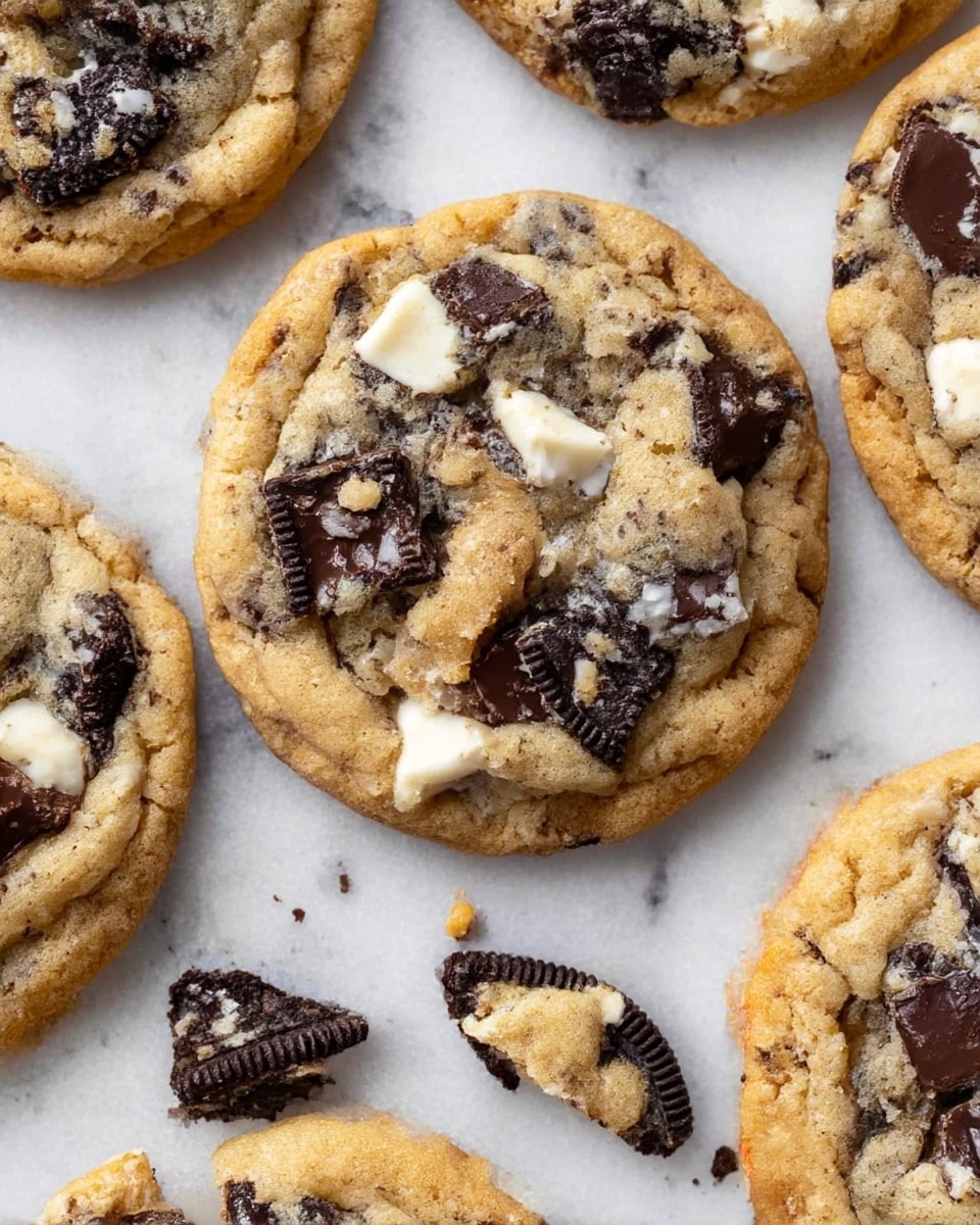 The image shows several golden brown cookies laid out on a white marbled surface, each cookie thick and soft-looking with a slightly crisp edge. The cookies have multiple layers of texture: a light tan cookie base, chunks of dark chocolate cookie pieces embedded throughout, and some chocolate chips scattered over the top. White cream from the cookie pieces creates a contrasting detail with the dark chocolate color, and the surface of the cookies shows small cracks and a rough texture from the chocolate mix-ins. There are also broken pieces of chocolate cookies lying next to the cookies on the white marbled surface. photo taken with an iphone --ar 4:5 --v 7