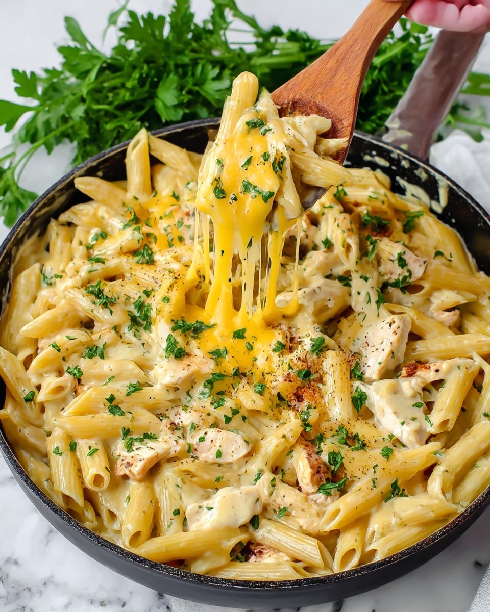 A black pan filled with creamy cooked penne pasta mixed with chunks of white chicken, covered generously with melted bright yellow cheddar cheese that stretches slightly as a wooden spoon lifts some of the pasta. The dish is sprinkled with chopped green herbs and cracked black pepper. The pan sits on a white marbled surface with fresh green parsley leaves in the background, and a woman's hand holding the wooden spoon pulling some pasta from the pan. The colors are warm with the creamy sauce blending with the golden cheese and hints of green herbs adding contrast. photo taken with an iphone --ar 4:5 --v 7
