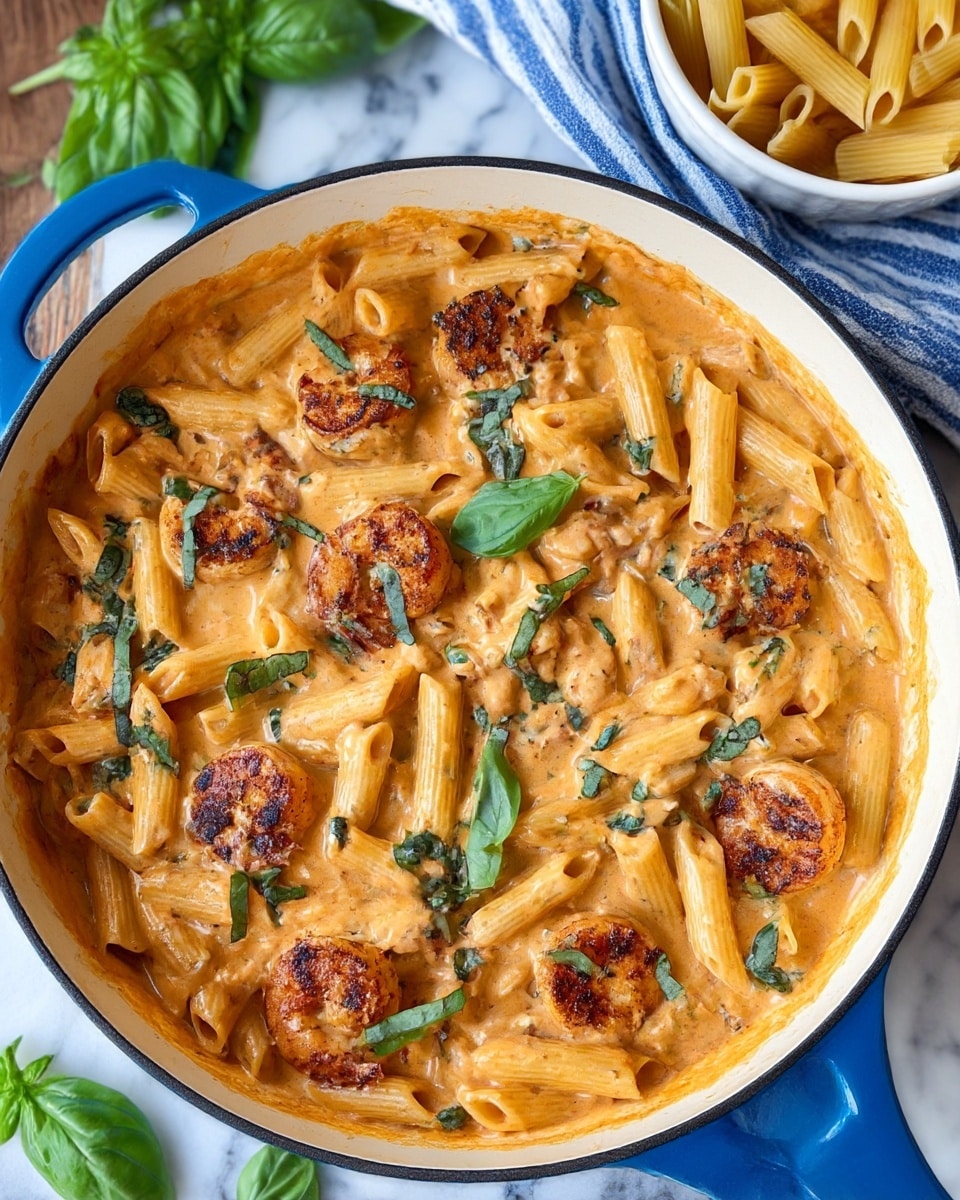 A close-up view of a deep white pan with a blue handle filled with creamy orange sauce-coated penne pasta mixed with large grilled shrimp, speckled with green basil leaves. The shrimp have a charred, browned texture on top, while the pasta is smooth and shiny under the sauce. The pan sits on a white marbled surface with fresh green basil leaves scattered around and a white bowl of dry penne pasta to the side. A blue and white striped cloth is partially visible in the background. photo taken with an iphone --ar 4:5 --v 7