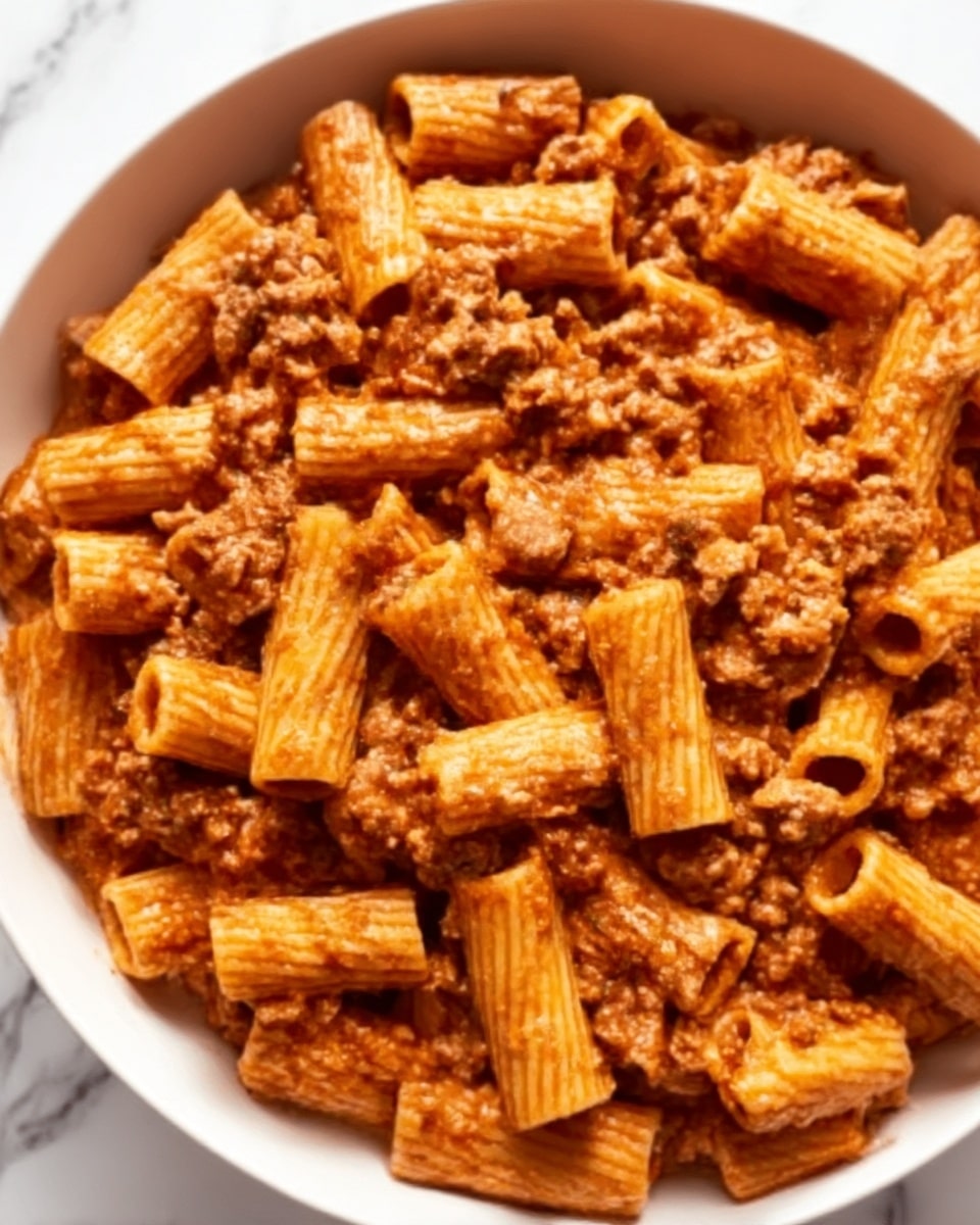 The image shows a close-up of a white bowl filled with rigatoni pasta mixed evenly with ground meat in a rich, reddish-brown sauce. The pasta tubes are coated with the thick sauce, and small bits of meat are spread across the dish, blending with the sauce to create a textured appearance. The pasta's ridged surface is visible, and the overall colors are warm with shades of brown and orange. The bowl rests on a white marbled surface. Photo taken with an iphone --ar 4:5 --v 7