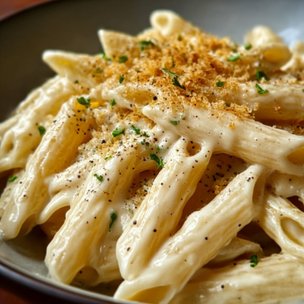 The image shows a close-up of creamy penne pasta covered in a smooth white sauce. The pasta tubes have a slightly shiny texture from the sauce, which is thick and coats every piece evenly. Small green herbs are sprinkled lightly on top, adding bits of color and freshness. Tiny black pepper pieces are spread over the pasta, giving contrast to the creamy sauce. The background is a white marbled surface, making the pasta stand out with its creamy and soft textures. Photo taken with an iphone --ar 4:5 --v 7