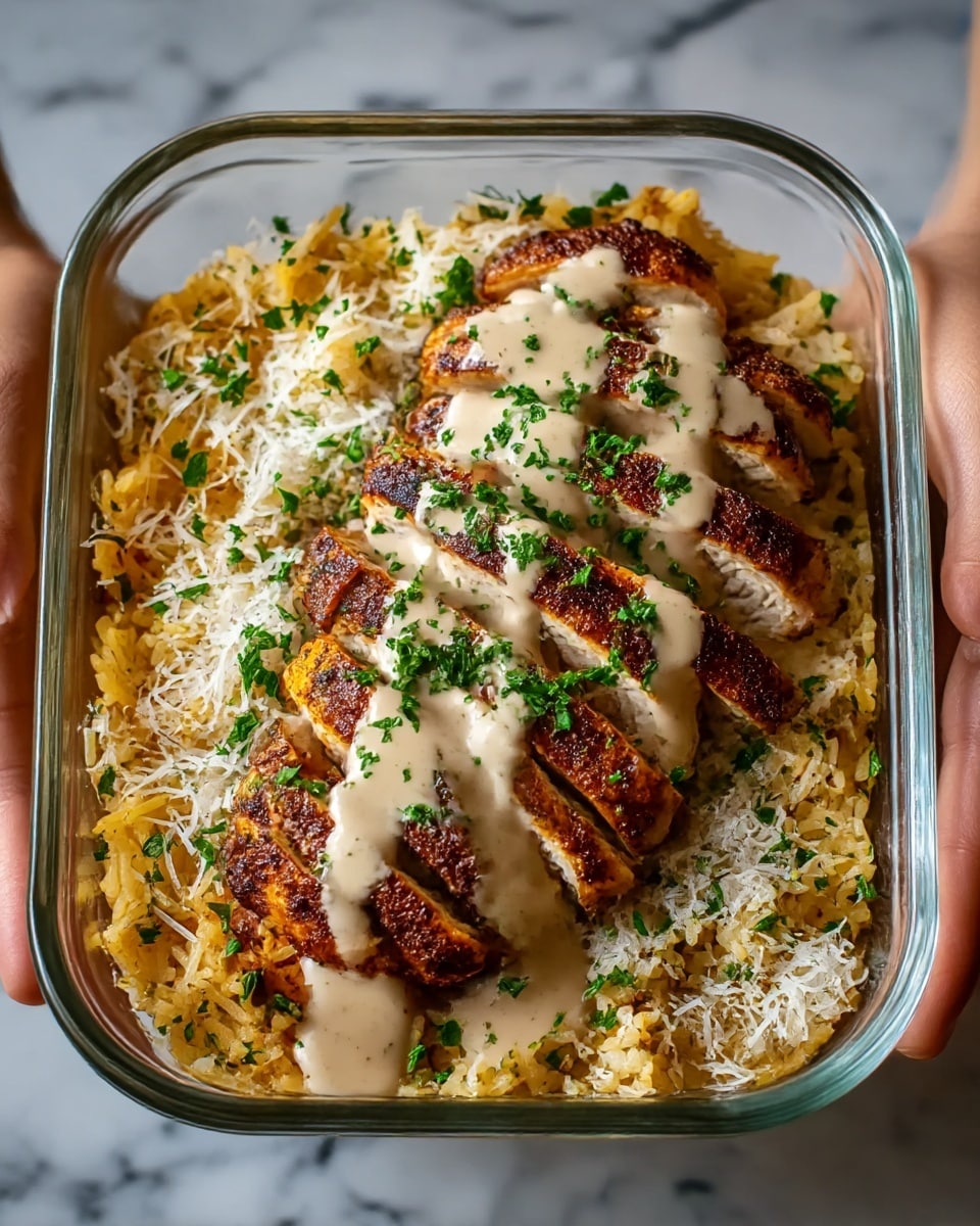 A clear rectangular glass container holds a dish with two main layers. The bottom layer is a bed of yellowish-orange rice with some green herb pieces mixed in. On top sits a thick, dark brown, grilled Cajun chicken breast, which is sliced into several pieces but still kept together in shape. A creamy, light beige sauce is drizzled mainly over the center of the chicken, slightly spreading onto the rice. The container is held by two woman's hands, set against a white marbled surface background. Photo taken with an iphone --ar 4:5 --v 7
