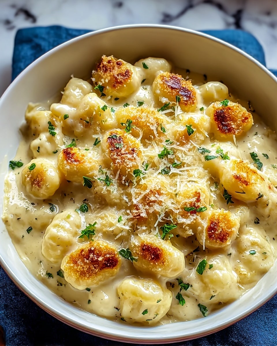A white bowl filled with creamy gnocchi covered in a thick, pale yellow sauce, with the gnocchi pieces showing a soft, smooth texture. The top layer is browned and crispy in spots, giving a golden color and slight charring on some gnocchi. Small green parsley flakes are scattered across the gnocchi, adding contrast to the creamy and golden colors. The bowl rests on a blue cloth over a white marbled surface. photo taken with an iphone --ar 4:5 --v 7