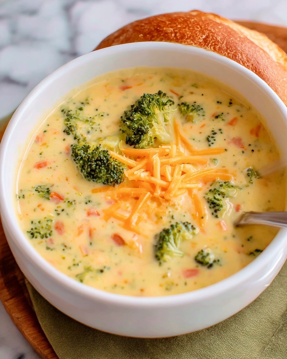 A white bowl filled with creamy soup showing a thick, smooth, light yellow base mixed with small bits of orange and green vegetables. Bright green broccoli florets float on top, some partially submerged, and a small pile of shredded orange cheese sits in the middle, adding texture and color contrast. The bowl sits on a wooden board with an olive-green cloth underneath, all set against a white marbled texture surface. Photo taken with an iphone --ar 4:5 --v 7