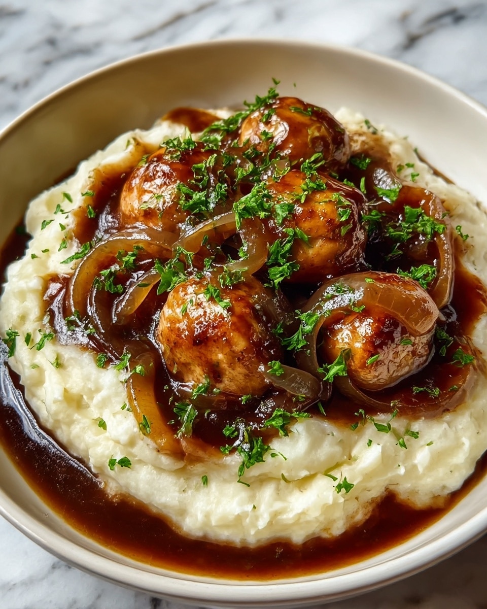 The dish shows a single deep white bowl filled with three visible layers: the bottom layer is creamy mashed potatoes in soft off-white color with a smooth texture and some peaks around the edges; on top there are several browned meatballs with a golden-brown, slightly crispy surface and an uneven, juicy texture; covering the meatballs is a glossy, dark brown gravy with sliced caramelized onions that have a translucent texture, and the whole dish is garnished with bright green chopped parsley sparsely scattered on the top. The bowl sits on a white marbled surface. photo taken with an iphone --ar 4:5 --v 7