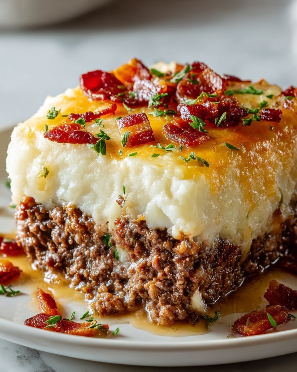The image shows a thick slice of casserole-style dish on a white plate, placed on a white marbled surface. The dish has two main layers: the bottom layer is a rich, textured ground meat mixture, dark brown and juicy, densely packed and well cooked. The top layer is a smooth, creamy mashed potato, pale and fluffy, covering the meat completely. On top of the mashed potatoes, there is a golden-brown melted cheese crust, with crispy small pieces of reddish-brown bacon scattered across and sprinkled with fresh green herbs. Some bacon pieces and herbs also lay on the plate around the slice, adding color contrast. The lighting highlights the moist and cheesy textures, making the dish look fresh and tasty. Photo taken with an iphone --ar 4:5 --v 7