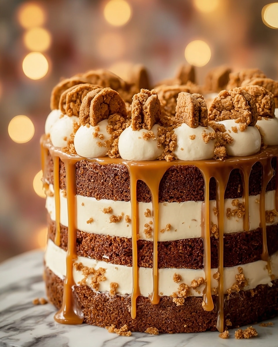 This is a tall three-layer cake with dark brown sponge layers spaced by thick, creamy beige frosting mixed with small chunks of light brown crumbly cookies. The top of the cake is lined with large, round dollops of the same beige frosting, each topped with more broken cookie pieces. A rich caramel sauce drips down the sides from the top, creating long shiny streams that blend with the frosting and cake layers underneath. The whole cake sits on a surface with a white marbled texture, and in the background, soft warm lights create a cozy glow. Photo taken with an iphone --ar 4:5 --v 7