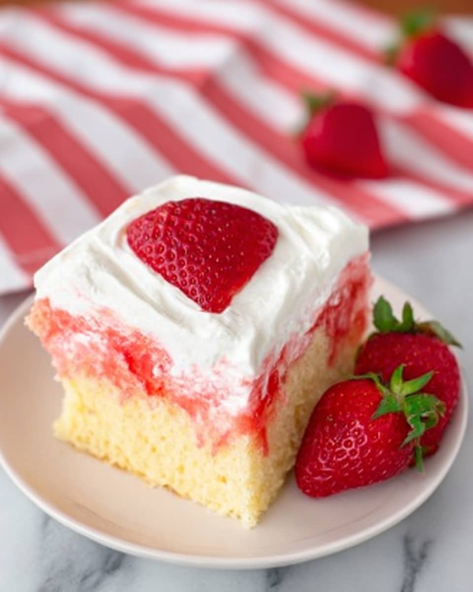 A square piece of cake is shown on a white plate, sitting on a white marbled surface. The cake has three layers: the bottom layer is a light yellow sponge cake, the middle layer is soaked with pink strawberry syrup that soaks into the cake, and the top layer is a thick, smooth white cream spread evenly. On top of the cream, there is a large half strawberry placed in the center. Next to the cake on the plate, there are two whole fresh strawberries with green leaves. A white and red striped cloth is blurred in the background. Photo taken with an iphone --ar 4:5 --v 7