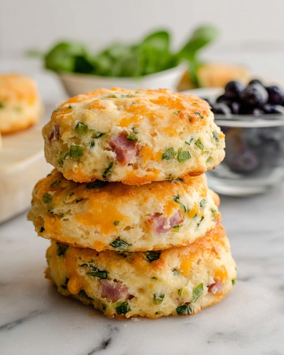 A stack of three thick, round biscuits sits on a white marbled surface, each biscuit showing a golden-brown, slightly crispy crust with visible bits of chopped green herbs and orange cheddar cheese mixed throughout the light dough. Small chunks of ham are scattered within the biscuits, adding a pink hue to the textured layers. The biscuits look soft and fluffy inside, with the top one slightly angled to show the uneven, homemade shape. In the blurred background, there is a white bowl with green leaves and a clear glass bowl filled with dark blueberries. Photo taken with an iphone --ar 4:5 --v 7