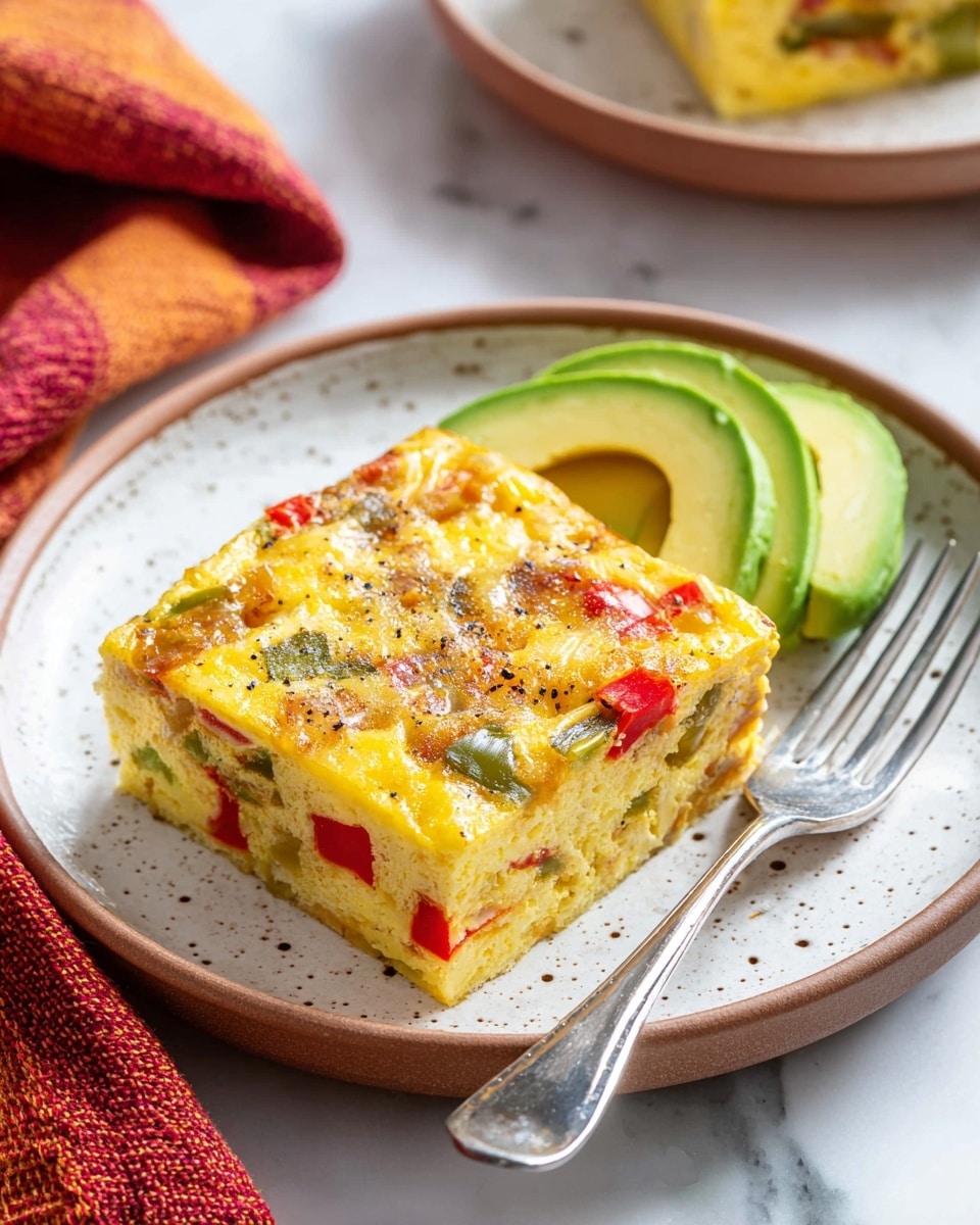 A square piece of baked egg casserole sits on a white speckled plate with a light brown rim, showing two layers: a dense yellow base mixed with red and green bell pepper chunks, topped with a slightly browned melted cheese layer dotted with visible pepper pieces. Next to the casserole are two slices of fresh light green avocado, placed sideways beside a silver fork resting above them. The plate is set on a white marbled surface, with part of another similar plate blurred in the background and a folded red and orange cloth nearby. photo taken with an iphone --ar 4:5 --v 7