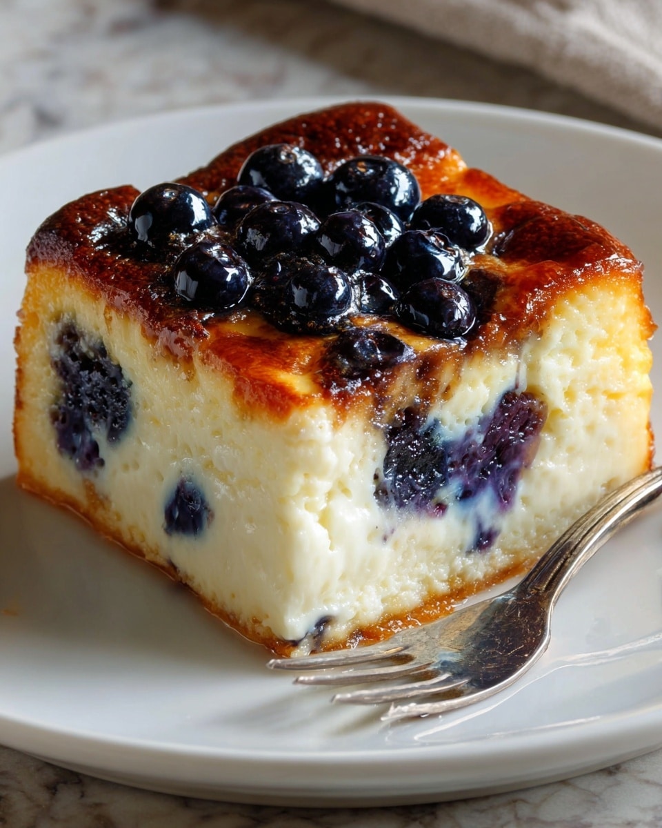 A single square slice of a creamy baked cheesecake with a golden-brown, slightly caramelized top layer, sitting on a white plate. The cheesecake has two main layers: the top layer is darker golden with a shiny glaze and fresh whole blueberries on top, while the bottom layer is thick, soft, and white with blueberry swirls inside. To the side of the slice, there is a silver fork resting on the plate, set against a white marbled background. photo taken with an iphone --ar 4:5 --v 7