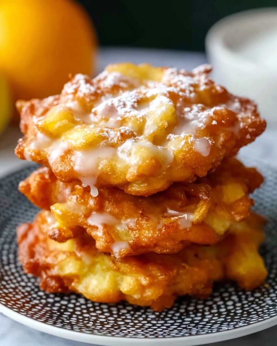 The image shows a stack of three golden brown apple fritters on a white plate with a dark dotted pattern. Each fritter has a crispy, uneven, and slightly lumpy texture with visible pieces of cooked apple inside. The top fritter is drizzled with a light yellow glaze and sprinkled with white powdered sugar, giving it a shiny and sweet look. The background has a soft focus with a smooth orange object and a white marbled surface behind. photo taken with an iphone --ar 4:5 --v 7