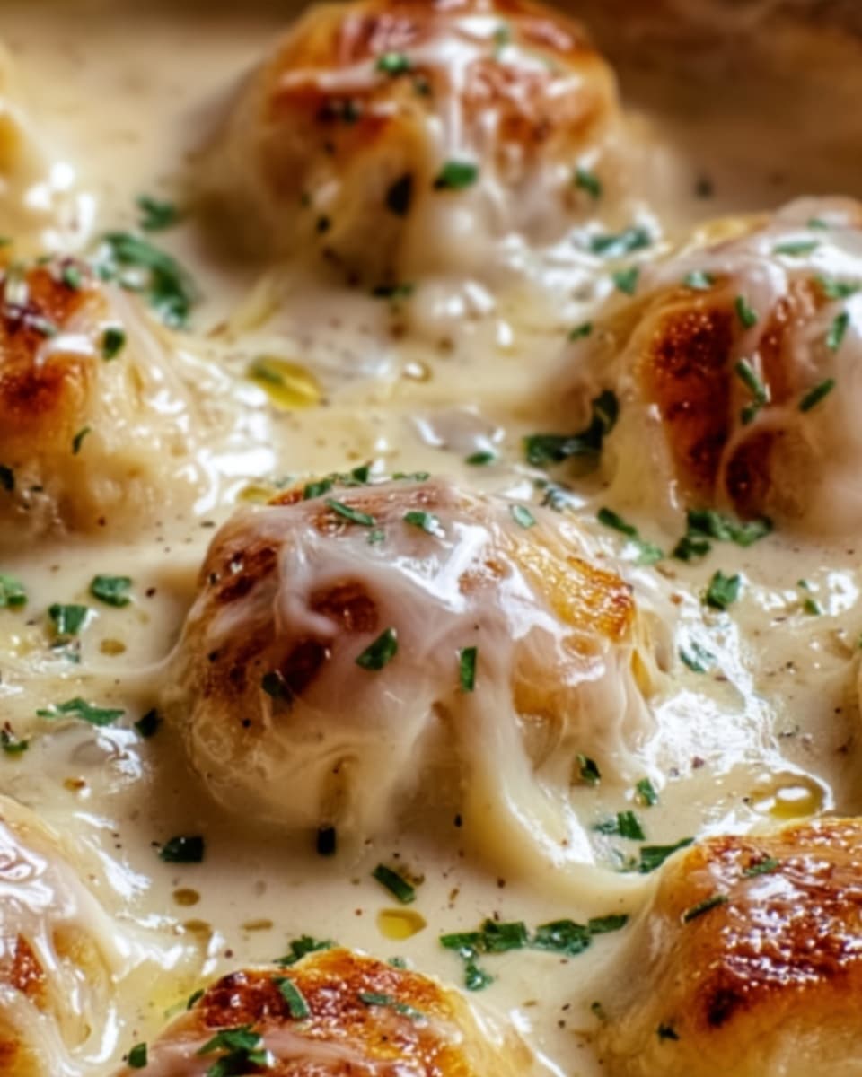 The image shows a close-up of a baked dish with several round, golden-brown dumplings or rolls sitting in a creamy, light beige sauce. Each dumpling is topped with melted white cheese that stretches slightly, and small green herb bits are sprinkled all over. The dish is shiny and looks hot, with a slightly browned surface on the dumplings. The photo is clear and sharp, highlighting the creamy texture and fresh herbs. Photo taken with an iphone --ar 4:5 --v 7