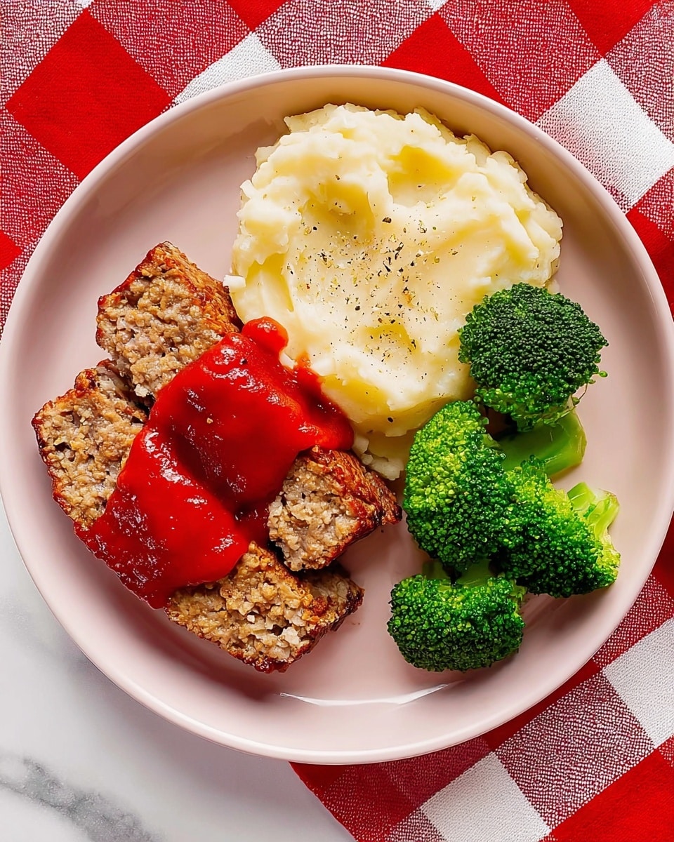 A white round plate holds a meal with three main parts: two slices of meatloaf topped with bright red ketchup placed on the left side, a small pile of mashed potatoes sprinkled with black pepper at the bottom, and three green broccoli florets arranged on the right side. The texture shows the meatloaf as crumbly, the mashed potatoes creamy with some lumps, and the broccoli crisp and fresh. The plate sits on a white marbled surface with a red and white checkered background. Photo taken with an iphone --ar 4:5 --v 7
