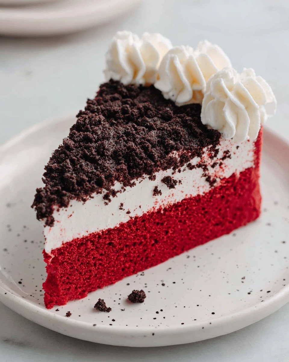 A single slice of red velvet cake sits on a white plate with small speckles. The cake has two main layers: a thick bottom layer of bright red velvet with a smooth texture and a top layer of finely crushed dark chocolate crumbs covering the surface. On one edge of the slice, there is a row of white, creamy whipped topping with soft, wavy swirls. The white plate is placed on a surface with a white marbled texture. Photo taken with an iphone --ar 4:5 --v 7