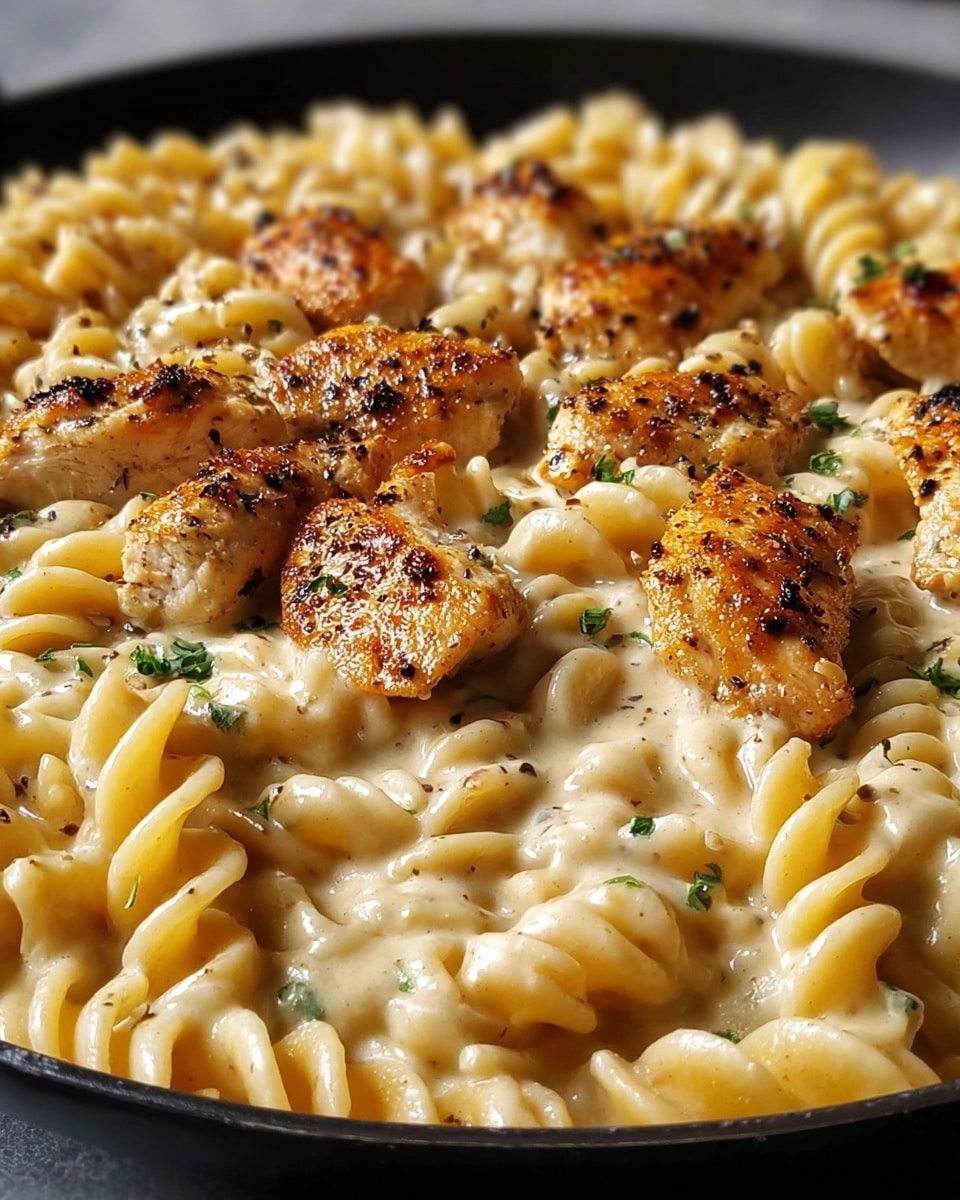 A close-up view of a dish featuring three layers: the bottom layer is creamy light beige sauce with visible specks of herbs; on top of this sauce, there is a generous layer of pale yellow spiral pasta coated with the sauce, giving it a smooth, shiny texture; scattered on the pasta are pieces of golden-brown grilled chicken with a slightly charred surface and black pepper seasoning, each piece evenly spaced and sprinkled with small green parsley leaves for freshness. The dish is inside a black round pan sitting on a white marbled surface. photo taken with an iphone --ar 4:5 --v 7