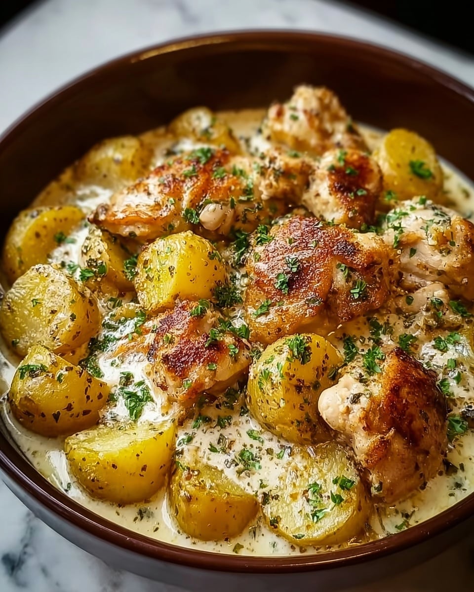 A close-up of a dish with two layers: the bottom layer has golden roasted potato chunks with a slightly crispy texture, and the top layer features browned, juicy chicken pieces with a crispy skin, both sprinkled with finely chopped green herbs over a creamy white sauce that pools slightly around the potatoes and chicken, all held in a deep round white dish on a white marbled surface. The photo taken with an iphone --ar 4:5 --v 7