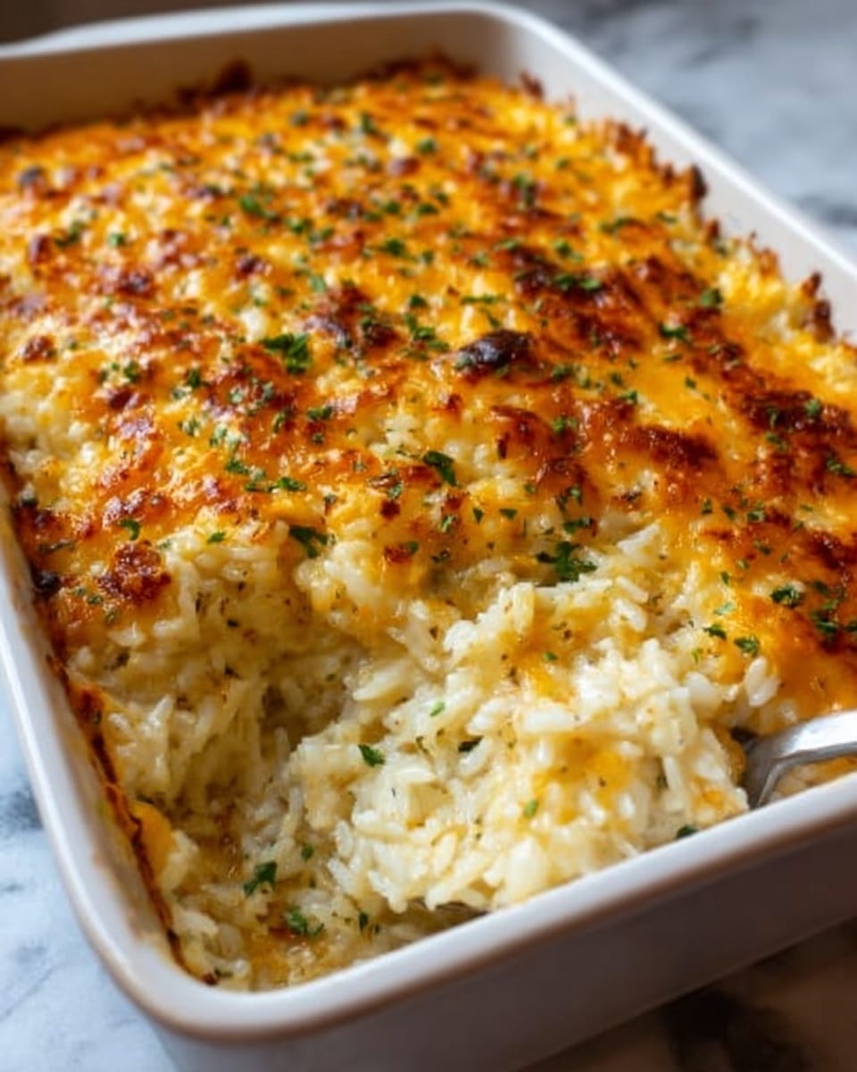 A white ceramic baking dish filled with a cheesy rice casserole. The top layer is golden brown melted cheese with some browned spots and small green herbs sprinkled on top. Below the cheese, there is a creamy layer of cooked rice that looks soft and fluffy, slightly mixed with cheese. The dish is set on a white marbled surface. The corner scoop missing shows the inside layers clearly. Photo taken with an iphone --ar 4:5 --v 7