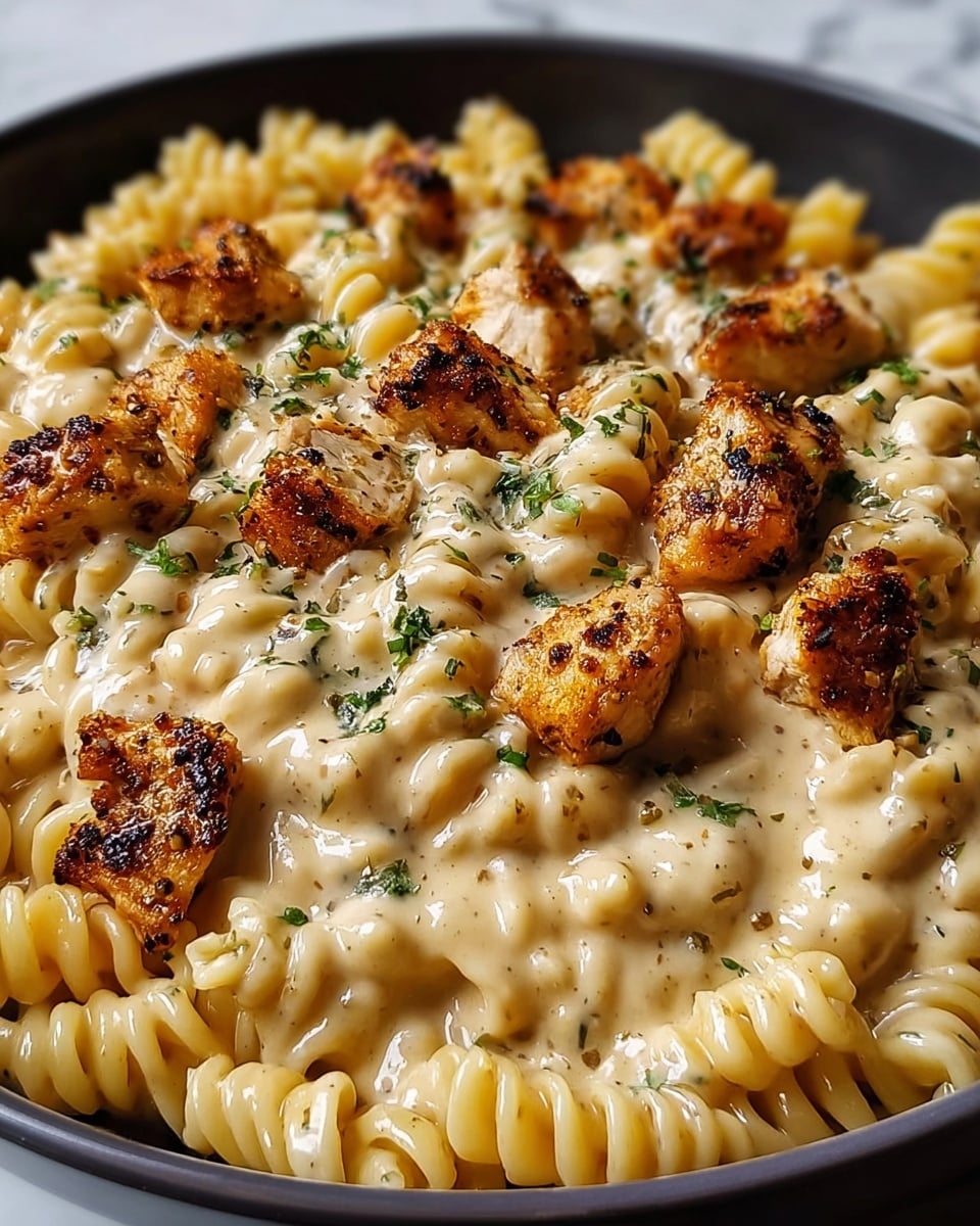 The image shows a close-up of a creamy rotini pasta dish served in a white bowl on a white marbled surface. The dish has two main layers: the bottom layer is made of spiral rotini pasta coated in a rich, smooth, light beige cream sauce with herbs mixed in. The top layer consists of small, golden brown grilled chicken pieces that look slightly crispy and seasoned with black pepper. Small green parsley leaves are scattered on top, adding a touch of color to the warm tones of pasta and chicken. The focus is sharp on the front pieces of chicken and pasta, with a soft blurred background. Photo taken with an iphone --ar 4:5 --v 7