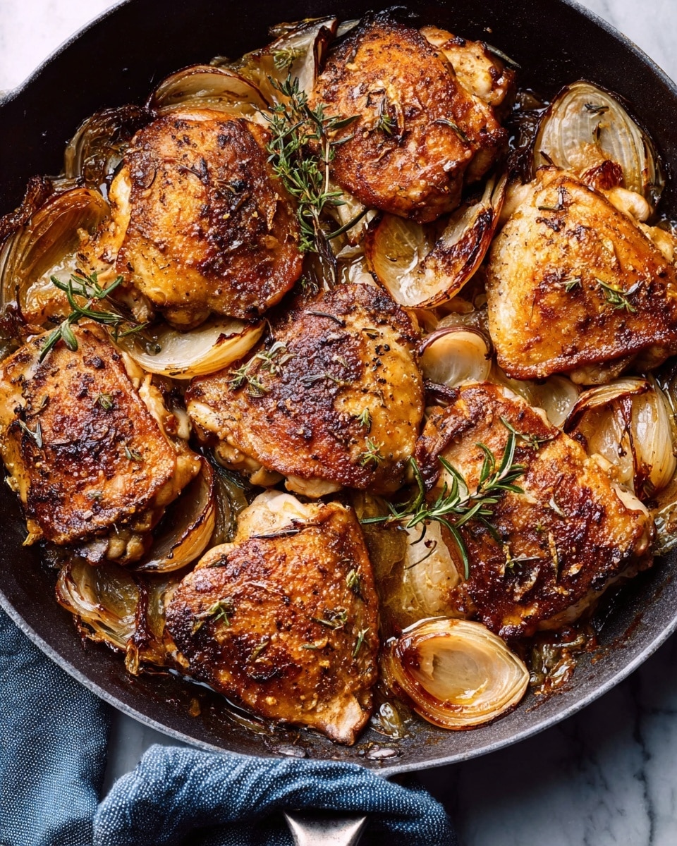 The image shows a close-up of a white pan filled with roasted chicken pieces and whole roasted shallots. The chicken is golden brown with a crispy skin, slightly charred in places, and scattered with small green rosemary sprigs. The shallots are caramelized with a deep brown color and soft texture, nestled among the chicken parts. The pan is placed on a white marbled surface, and a silver spoon rests inside the pan to the left side. Photo taken with an iphone --ar 4:5 --v 7