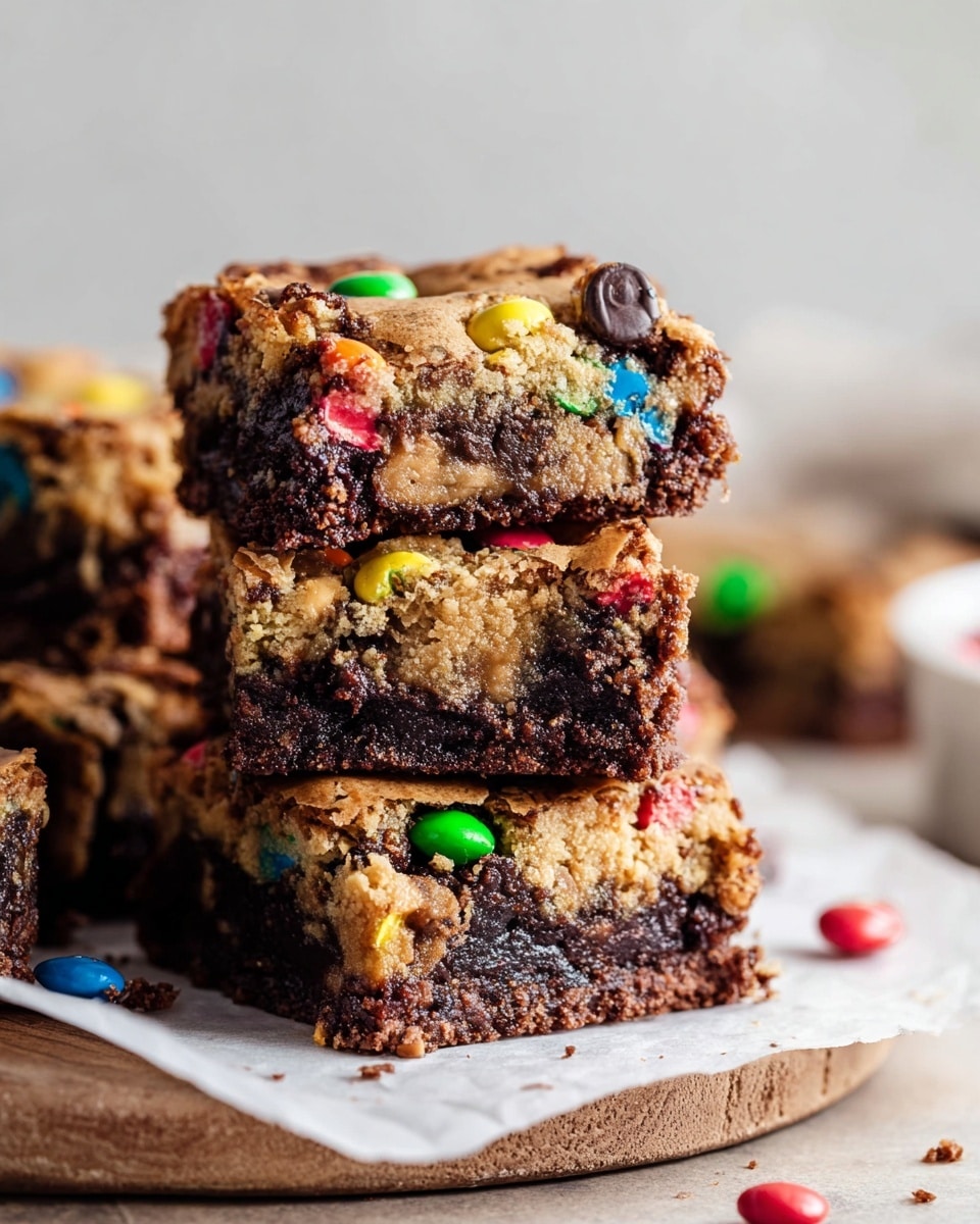 A close-up of a stack of thick dessert bars showing two clear layers: the bottom layer is dark brown, dense, and fudgy chocolate brownie, while the top layer is a lighter brown, crumbly cookie dough mixed with colorful candy-coated chocolate pieces scattered throughout. The bars are stacked unevenly on a piece of parchment paper placed on a round white marbled surface with some candy pieces spilled around. The background is softly blurred with neutral light tones. photo taken with an iphone --ar 4:5 --v 7