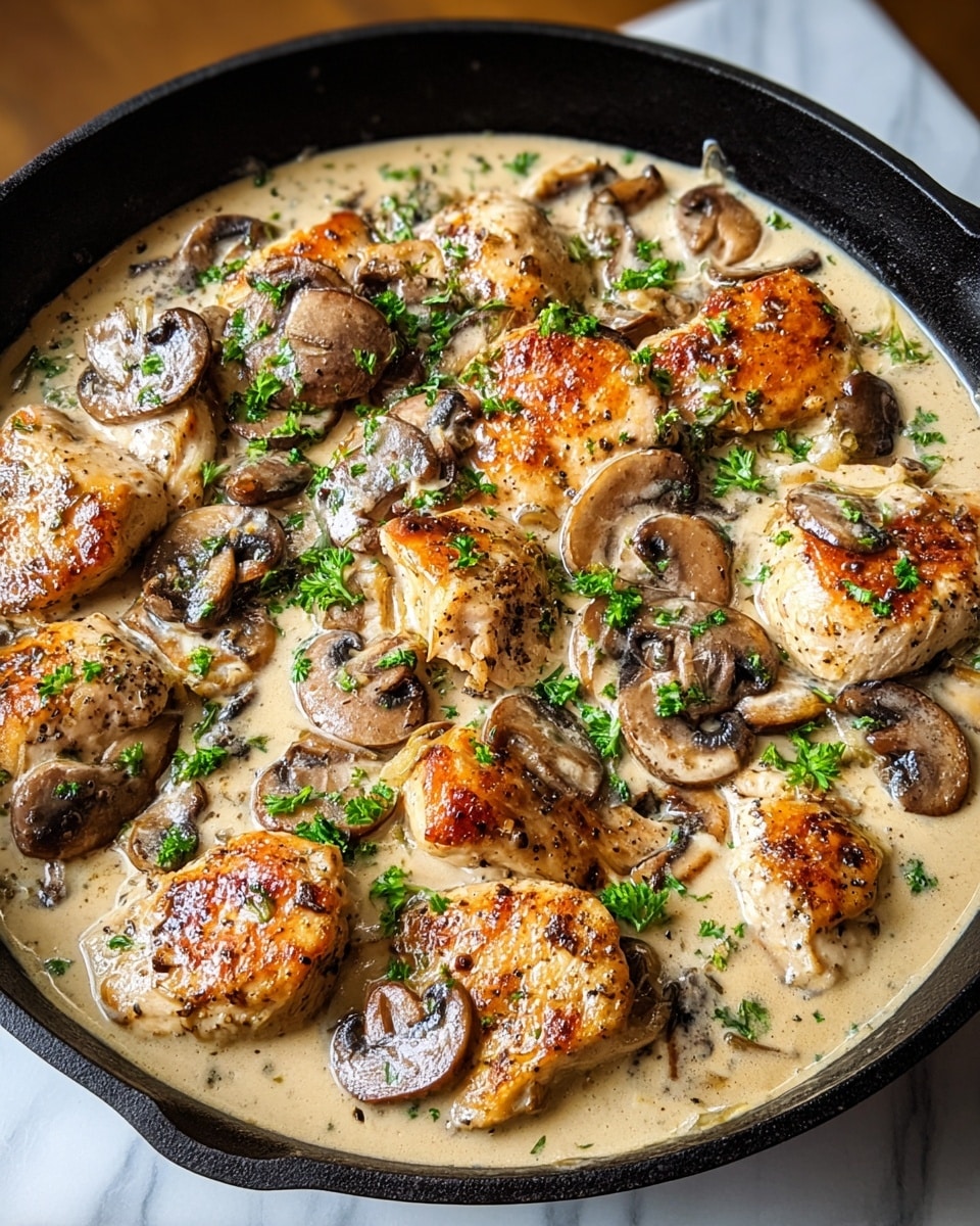 The dish shows a black pan filled with creamy mushroom chicken, featuring roughly 15 golden-brown seared chicken pieces scattered evenly across the pan, resting in a thick light beige cream sauce. Around and between the chicken chunks are many sautéed mushroom slices, varying in deep brown shades with a shiny glazed surface. Small flecks of green herbs are sprinkled on top, adding color contrast. The texture of the sauce looks smooth with light specks of black pepper. The pan is placed on a white marbled surface with soft natural lighting highlighting the warm colors and textures of the dish. photo taken with an iphone --ar 4:5 --v 7