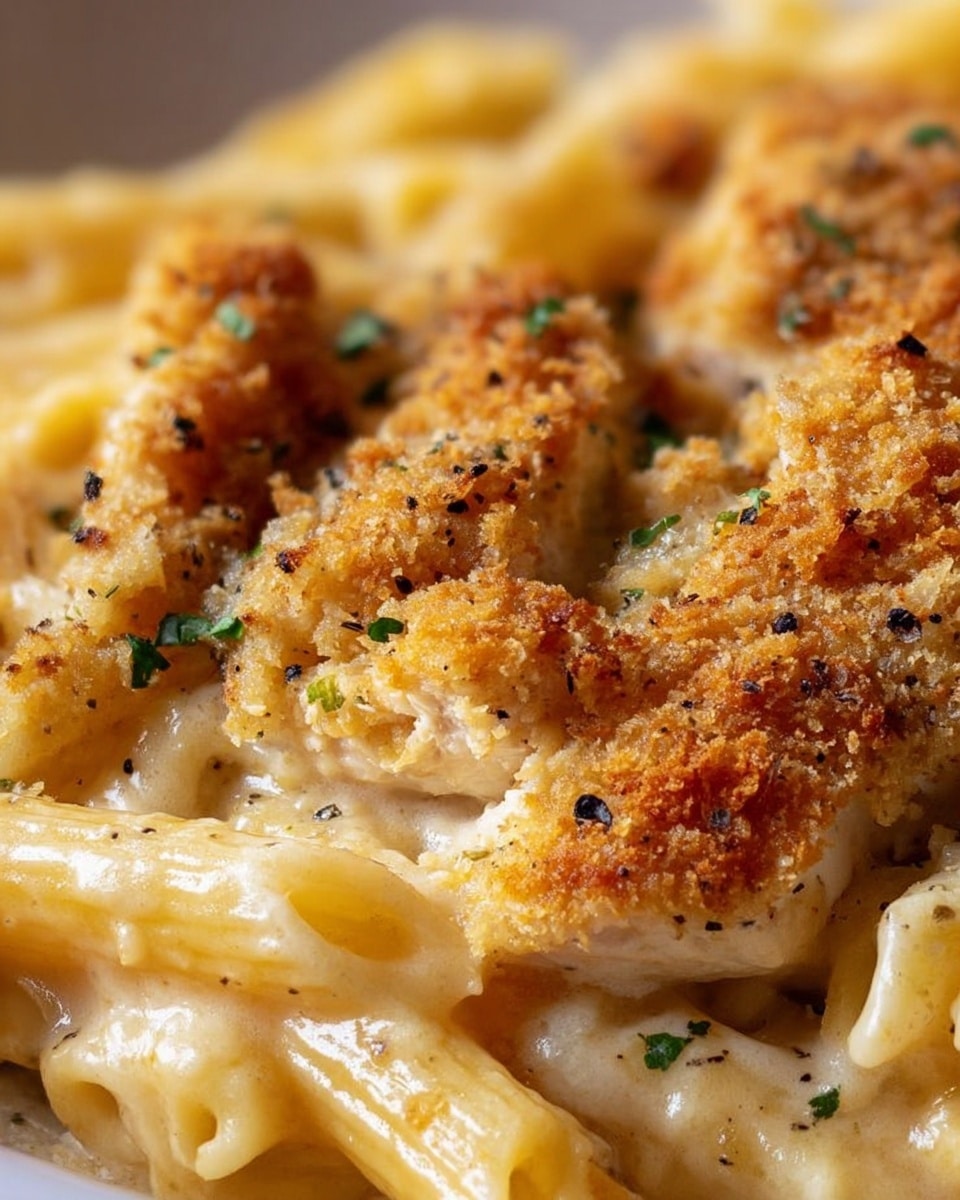 The dish is a close-up shot of baked pasta with a creamy sauce, featuring one layer of penne pasta in a pale yellow color with a smooth, slightly glossy texture. On top, there are irregular pieces of breaded chicken coated with a golden-brown, crispy crumb layer. The surface is sprinkled with small green herb bits and cracked black pepper, adding color contrast. The creamy sauce lightly covers the pasta, creating a rich and smooth appearance around the chicken and pasta. photo taken with an iphone --ar 4:5 --v 7