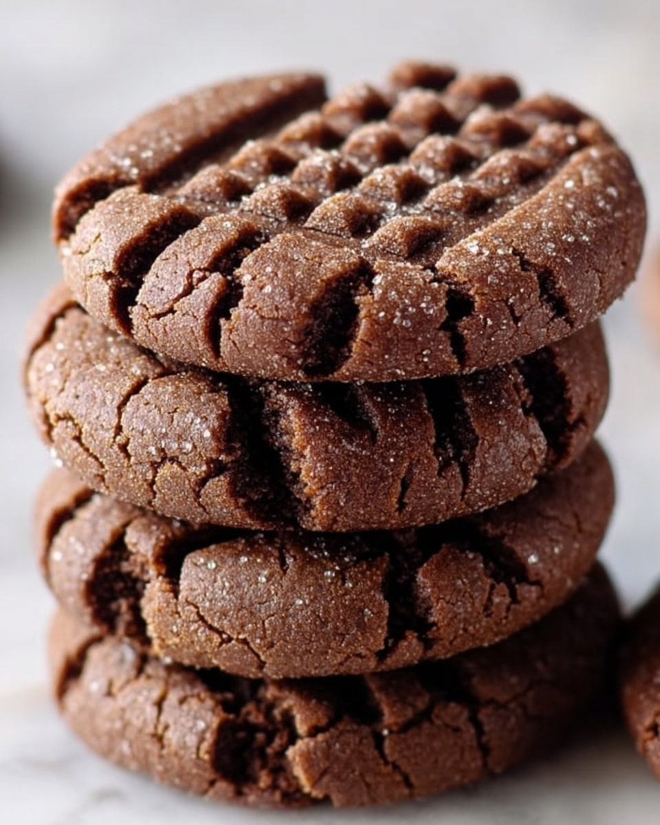 A close-up view of a stack of three thick chocolate peanut butter cookies, each cookie showing a cracked, crumbly texture with a dark brown color. The top cookie has a pattern of fork marks pressed into its surface, creating a grid-like design. The cookies appear soft yet slightly firm around the edges, with small sugar crystals visible that add a subtle sparkle. The background is a white marbled texture, softly blurred to keep focus on the rich, dense cookies. photo taken with an iphone --ar 4:5 --v 7