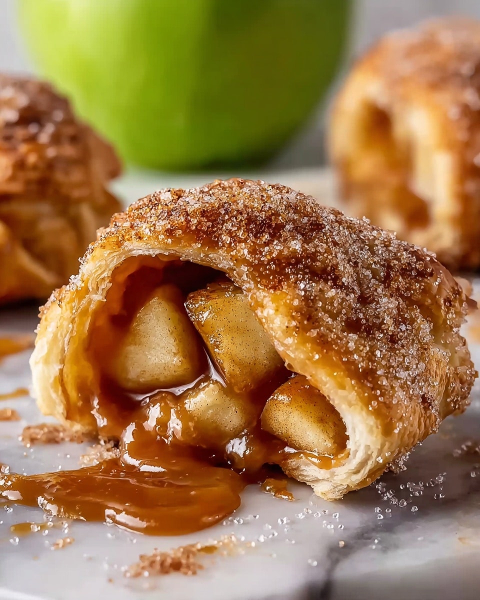 The image shows a close-up of a half-eaten apple pastry on a white marbled surface, with the crispy outer crust covered in coarse sugar and cinnamon. Inside, there are softly cooked apple chunks coated in a glossy brown syrup, spilling slightly out of the flaky light golden layers of dough. In the background, there is a green apple and a whole pastry blurred out. Photo taken with an iphone --ar 4:5 --v 7