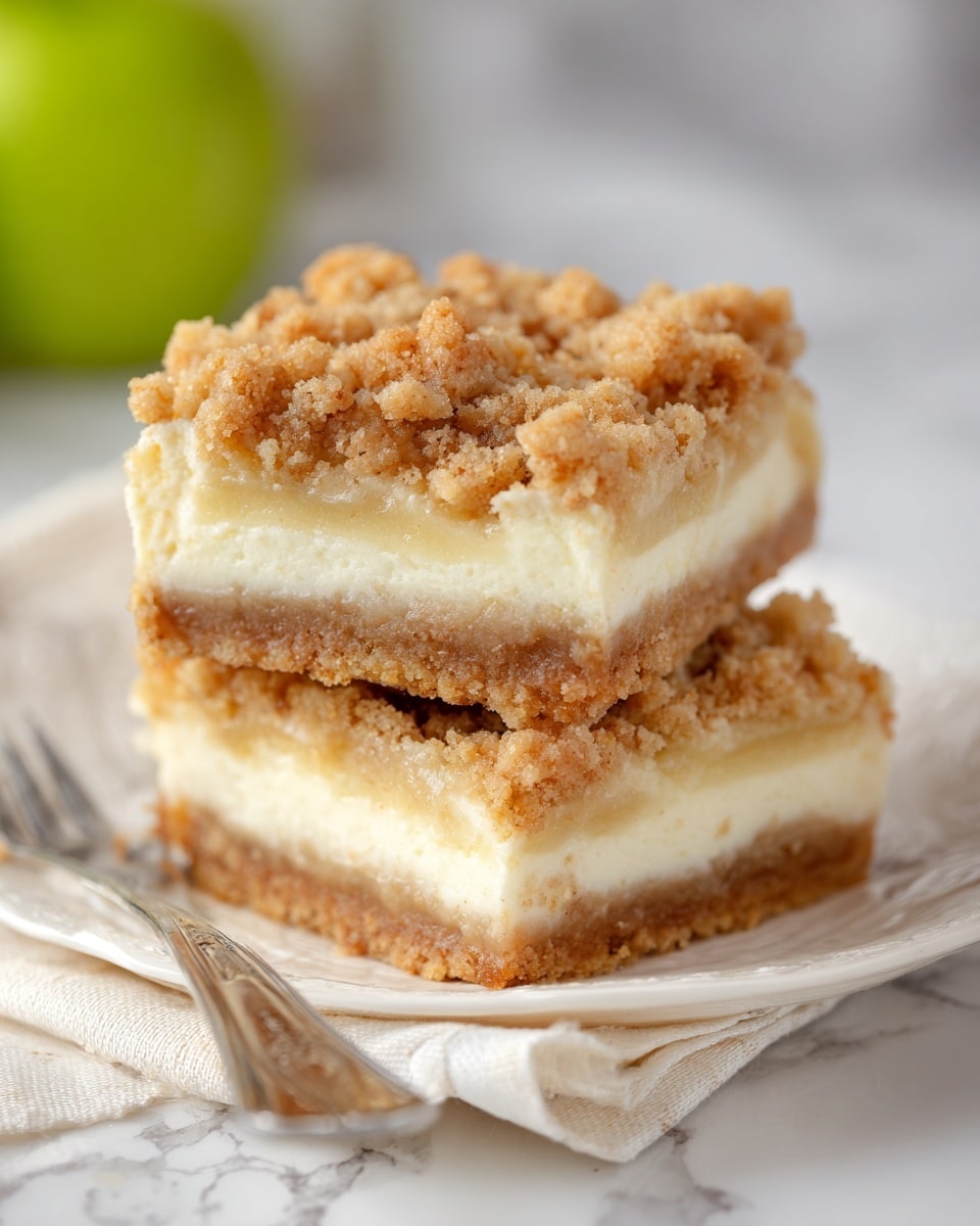 The image shows two square slices of crumb cheesecake stacked on a small white plate. Each slice has three layers: a dense, light beige crust at the bottom, a thick creamy white cheesecake layer in the middle, and a golden crumb topping with a crumbly texture on top. The crumbs vary in size and are unevenly spread, giving the top a rough look. The plate sits on a beige cloth over a white marbled surface, and a silver spoon is placed next to it. In the background, a blurred green apple adds a splash of color. photo taken with an iphone --ar 4:5 --v 7