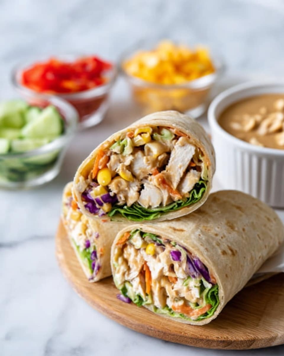 Two halves of a chicken wrap are stacked on a wooden board, showing four layers inside: a soft, light beige tortilla on the outside, fresh green lettuce as the first inner layer, followed by shredded purple cabbage, bright orange and red carrot pieces, yellow corn kernels, diced green cucumbers, and chunks of cooked white chicken mixed with creamy light brown sauce. The background shows a white marbled texture with blurred jars of chopped vegetables and a small white bowl of peanut sauce with peanuts on top. photo taken with an iphone --ar 4:5 --v 7