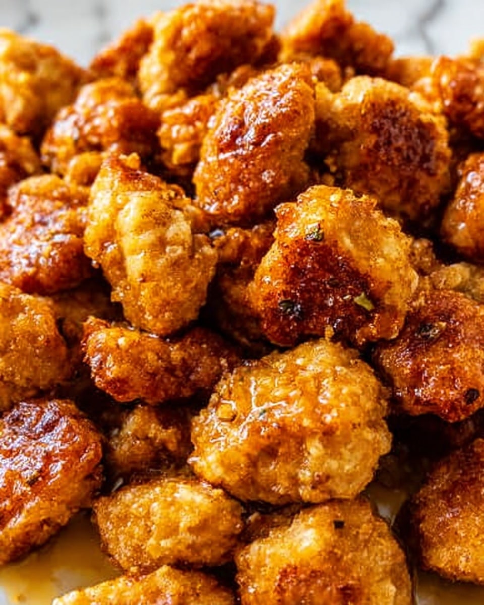 The image shows many small, round, crispy chicken pieces with a golden brown color and some darker browned spots, indicating they are well cooked and seasoned. The chicken pieces appear juicy and coated in a light sauce that adds a glossy shine, with small green herb flecks scattered around. The close-up composition focuses tightly on the chicken, showing its rough texture and slight oiliness. The background is a white marbled surface. photo taken with an iphone --ar 4:5 --v 7