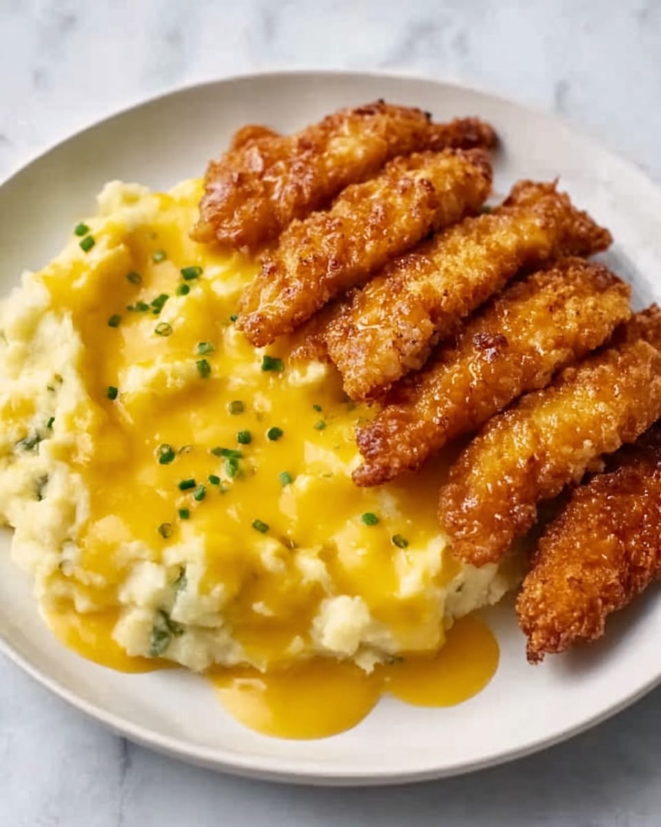 A white plate on a white marbled surface holds a meal with two main portions. On the left side, there is a creamy, pale yellow mashed dish topped with bright yellow melted cheese that looks smooth and gooey, sprinkled with small dark green herbs. To the right, there are four golden-brown crispy fried strips arranged side by side, showing a crunchy texture with some darker browned edges. The whole presentation looks warm and hearty. Photo taken with an iphone --ar 4:5 --v 7