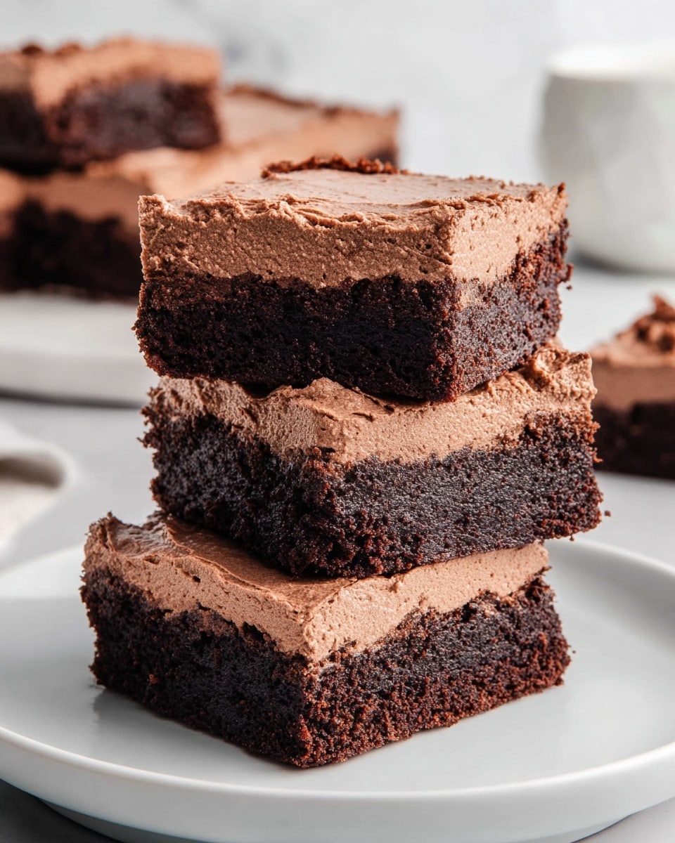 Three square brownies are stacked on a white plate with a white marbled background. Each brownie has two layers: a dark brown, dense, fudgy base with a rough, slightly crumbly texture, and a thick, smooth top layer of light brown, fluffy chocolate frosting. The frosting has soft peaks and swirls, adding a creamy contrast to the moist brownie below. The brownies appear rich and moist, with a few crumbs scattered on the plate. Photo taken with an iphone --ar 4:5 --v 7