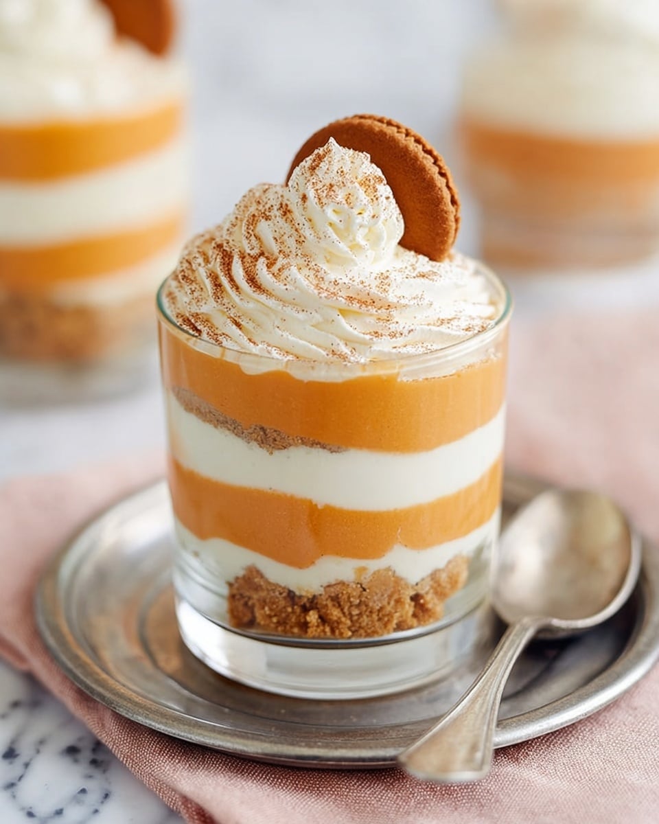 The image shows a dessert served in clear glass cups with four layers; the bottom layer is crumbled golden-brown cookies, followed by a thick, smooth orange pumpkin layer, then a creamy white layer of whipped cream or mousse, topped again with the crunchy cookie crumbs and another thick pumpkin layer. The dessert is crowned with a swirl of white whipped cream sprinkled lightly with brown spice, and a single round ginger cookie is placed upright into the cream at the top. The glasses are arranged on a round metal tray with a shiny silver spoon lying beside one glass on a white marbled surface with a soft pastel pink and green cloth underneath. Photo taken with an iphone --ar 4:5 --v 7