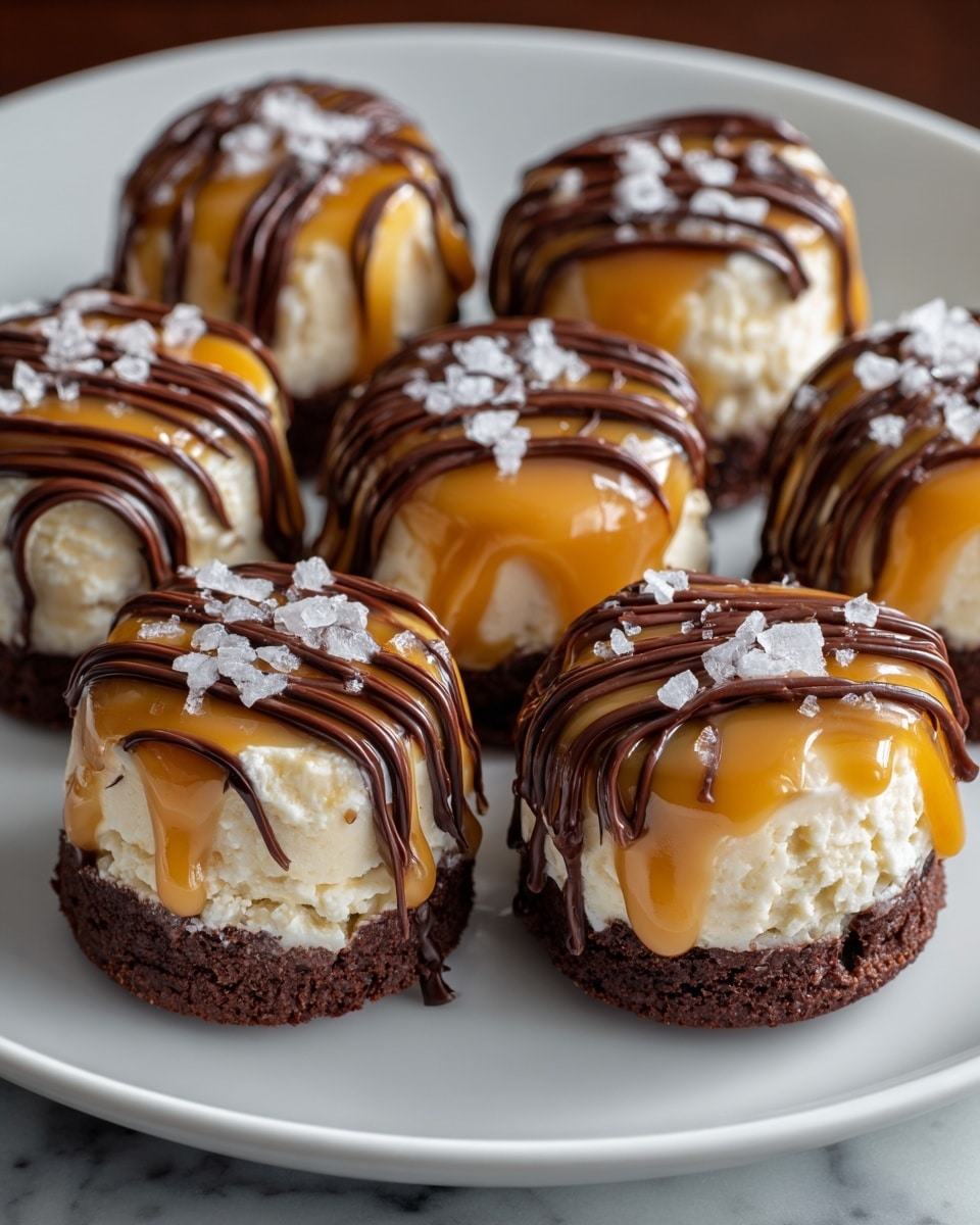 A white round plate holds seven small round chocolate truffles. Each truffle has three main layers: the bottom layer is dark chocolate with a rough texture, the middle layer is creamy and light-colored, and the top is coated with thin streaks of dark chocolate and shiny caramel dripping down the sides. The truffles are sprinkled with coarse sea salt flakes. The plate rests on a white marbled surface. photo taken with an iphone --ar 4:5 --v 7