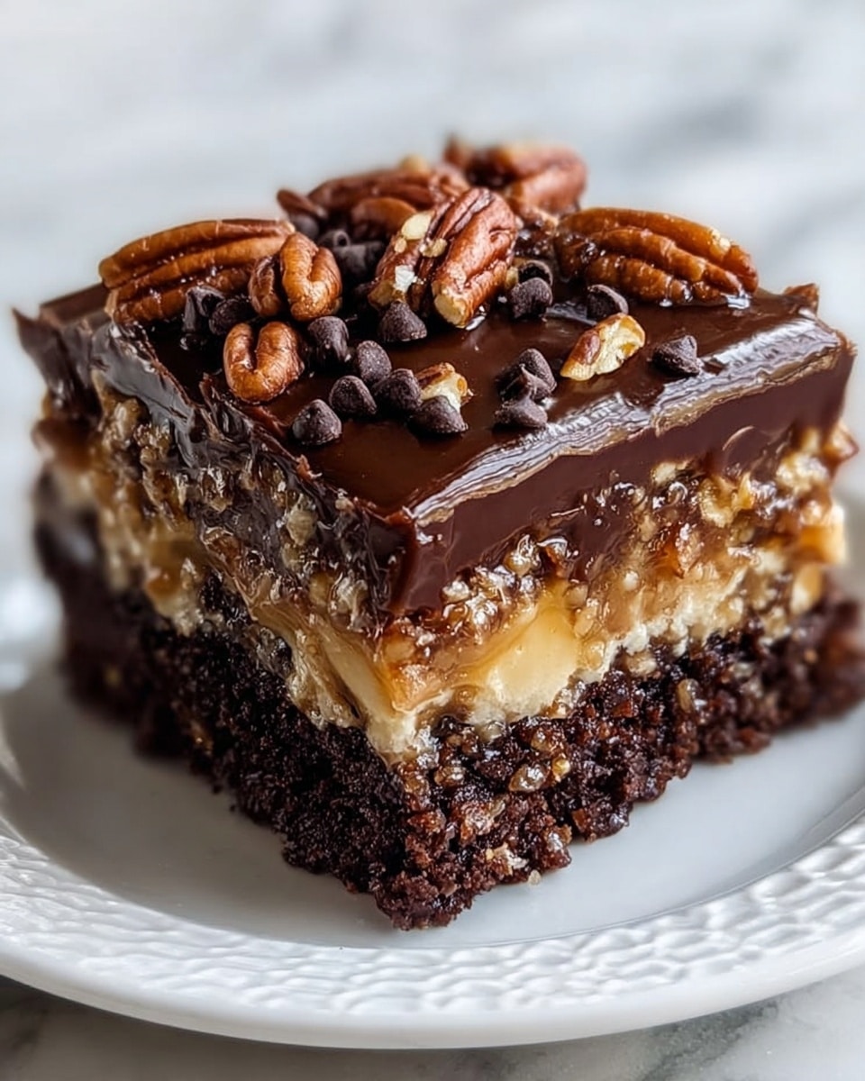 The image shows a close-up of a rich, square-shaped dessert with four visible layers on a white plate, set on a white marbled surface. The bottom layer is dense and dark brown, with a moist, crumbly texture like brownie. Above it is a thick, golden-tan layer with a sticky, nutty appearance, packed with chopped nuts and bits that look like coconut flakes. The third layer is a smooth, dark chocolate sauce evenly spread over the nutty layer. The top layer is decorated with whole, glossy pecans and scattered dark chocolate chips, with extra chocolate sauce drizzled across the pecans for shine and richness. Photo taken with an iphone --ar 4:5 --v 7