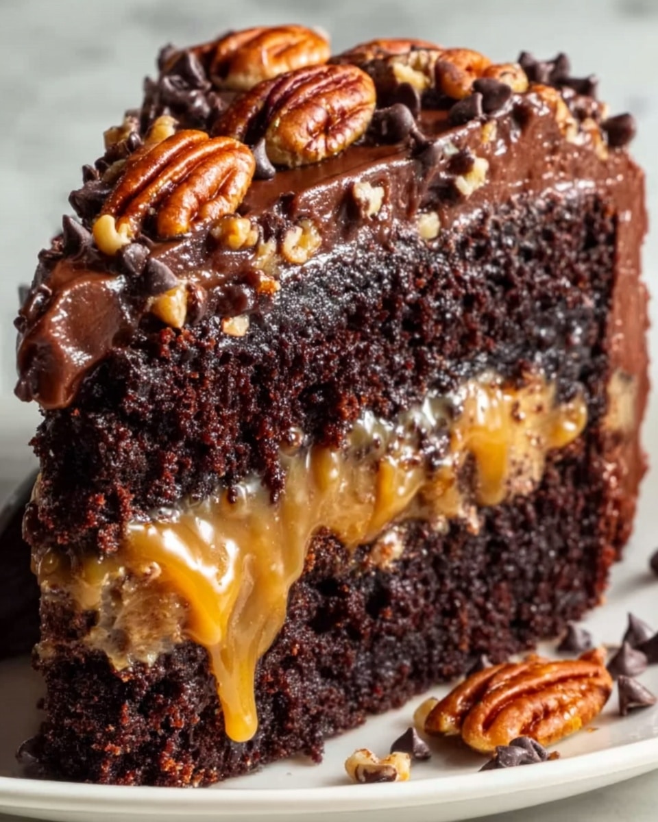 The image shows a close-up of a single slice of rich chocolate cake on a white plate, placed on a white marbled surface. The cake has three main layers: the top and bottom layers are moist dark chocolate cake with a slightly crumbly texture, while the middle layer is a thick, golden caramel filling that looks smooth and gooey. The top of the cake is covered with a thick, glossy layer of chocolate frosting, sprinkled with small chocolate chips and topped with whole glossy pecans and small bits of walnuts, adding a crunchy texture. A woman's hand is gently holding the edge of the plate. Photo taken with an iphone --ar 4:5 --v 7