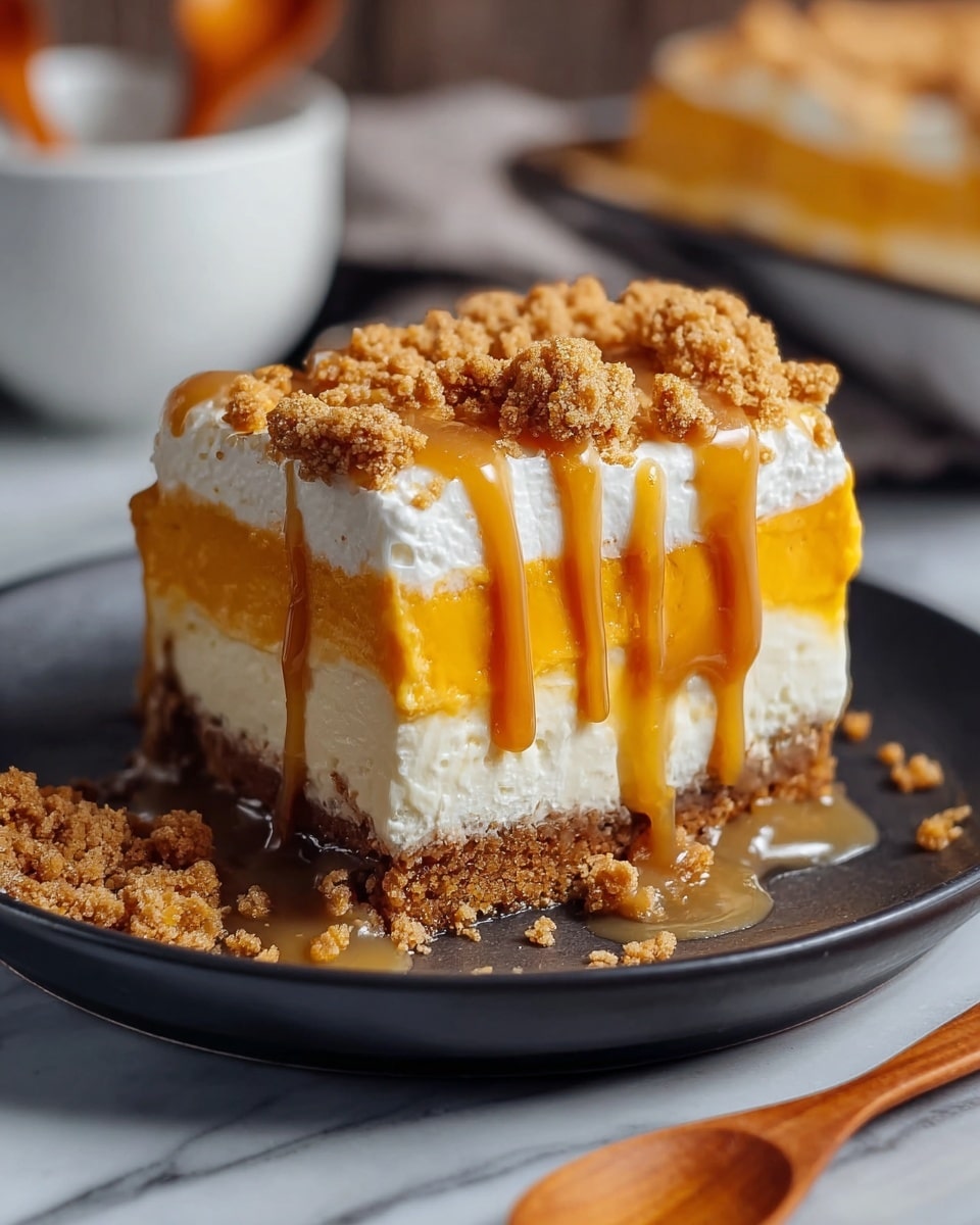 A square piece of layered dessert is placed on a white plate with a dark rim. The dessert has five layers: a crumbly golden brown crust at the bottom, a thick white cream second layer, a bright orange pumpkin-like third layer, another white cream fourth layer, and a crumbly golden brown topping. Rich caramel sauce is drizzled over the top and sides, pooling slightly on the plate. The background shows a white marbled surface with blurred wooden spoons and a baking dish. Photo taken with an iphone --ar 4:5 --v 7