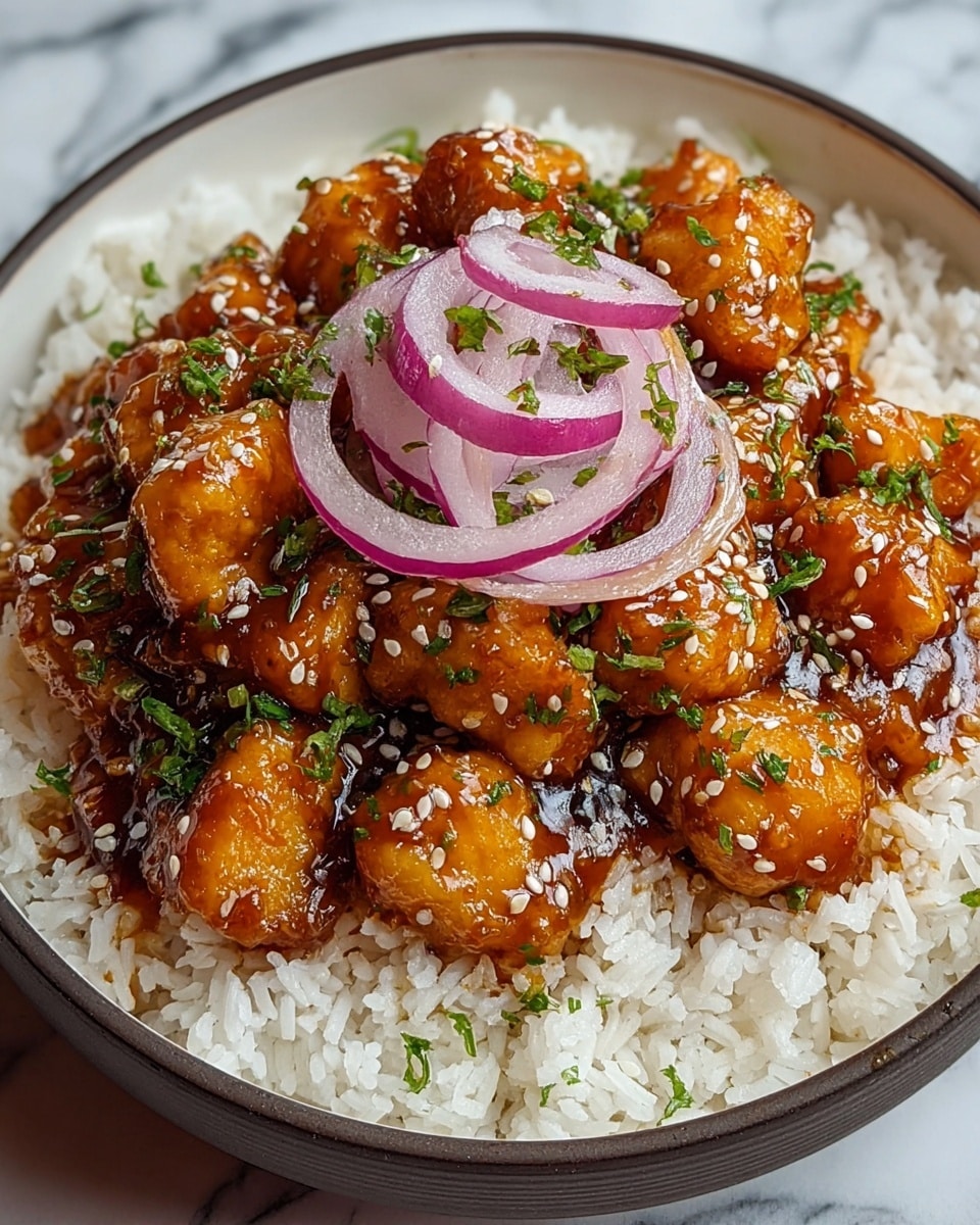 A bowl filled with white cooked rice as the bottom layer, topped with golden-brown glazed chicken pieces that are coated in a shiny, thick orange sauce. The chicken is sprinkled with white sesame seeds and finely chopped green herbs. On top, thin, curled slices of light purple onion add a fresh touch. The bowl is white and sits on a white marbled surface. photo taken with an iphone --ar 4:5 --v 7