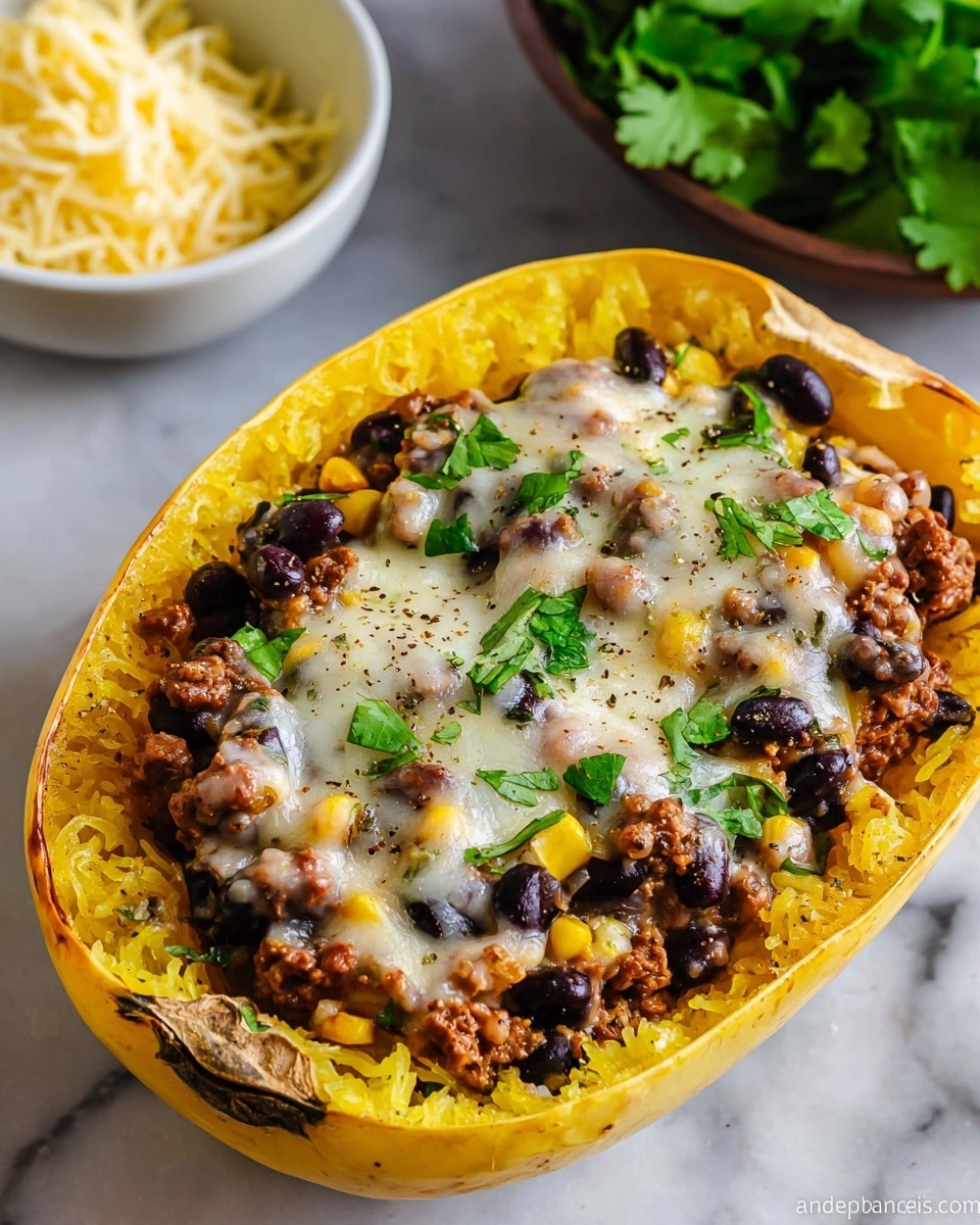 A yellow spaghetti squash half serves as the base, with its hollowed inside showing a soft, fibrous texture. It is filled with a mixture of dark black beans, golden yellow corn kernels, and browned cooked ground meat with small onion pieces. On top of the filling, there is a melted layer of light creamy cheese sprinkled with small green herb leaves, giving a fresh look. The squash sits on a white marbled surface with a soft focus on a white bowl of shredded cheese in the background. photo taken with an iphone --ar 4:5 --v 7