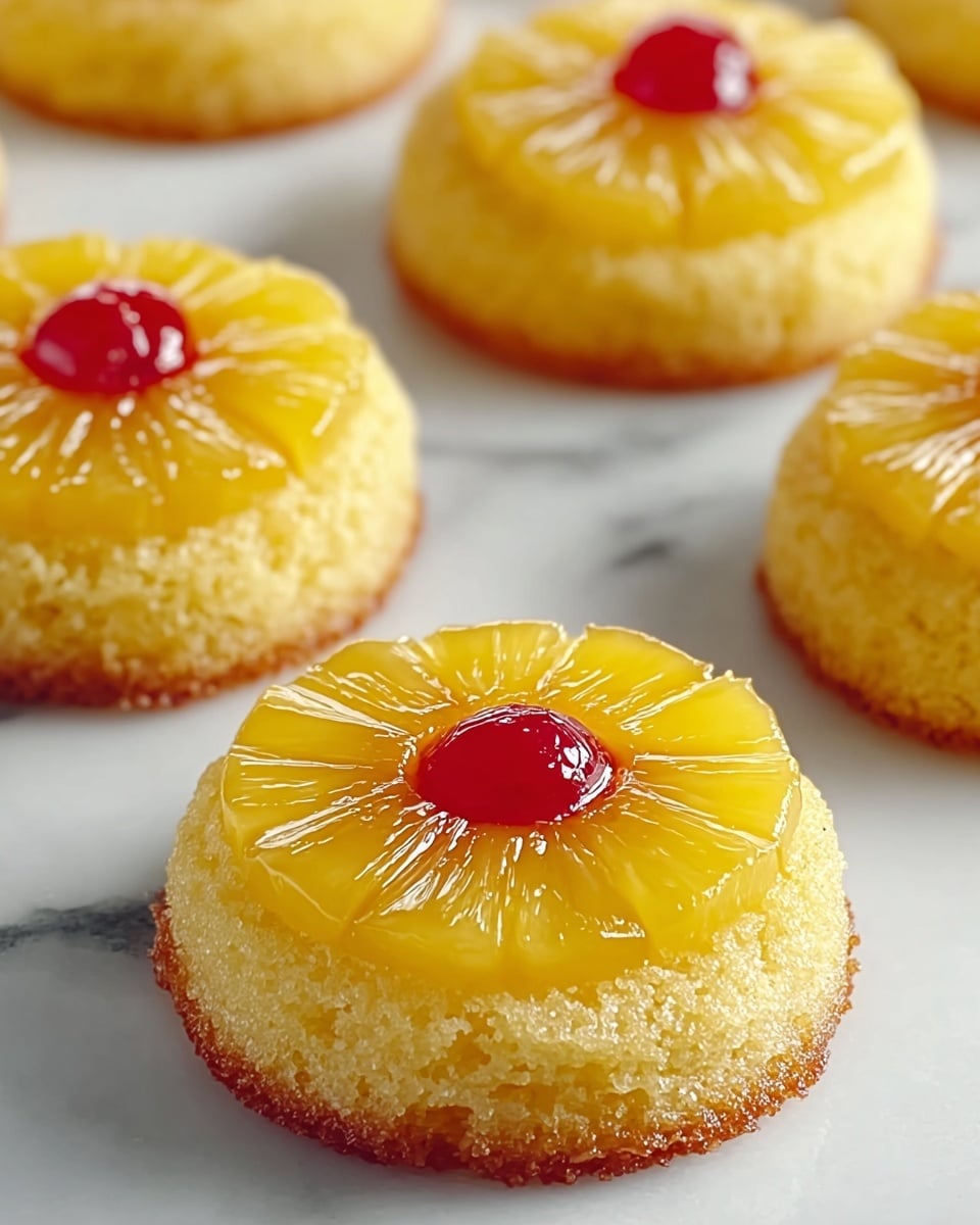 The image shows several small round pineapple upside-down cakes on a white plate, placed over a white marbled surface. Each cake has two layers: the bottom layer is a light golden brown cake with a soft, slightly crumbly texture, and the top layer is a shiny, circular yellow pineapple slice. In the center of each pineapple slice, there is a small, deep red cherry that looks glossy and slightly sticky. The cakes are spaced evenly, and the focus is on the closest one at the bottom center of the image. photo taken with an iphone --ar 4:5 --v 7