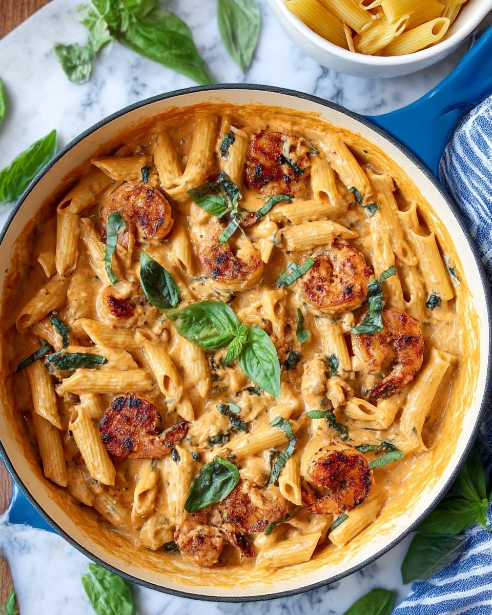 A blue pot filled with creamy orange pasta, with many penne noodles covered in sauce. Large grilled shrimp with a light brown char sit on top, mixed through the pasta. Small green basil leaves are scattered over the dish, adding a fresh touch. The pot is placed on a white marbled surface with fresh basil leaves and a white bowl with plain penne pasta nearby. A blue and white cloth is draped next to the pot, enhancing the colors of the shrimp and sauce. Photo taken with an iphone --ar 4:5 --v 7