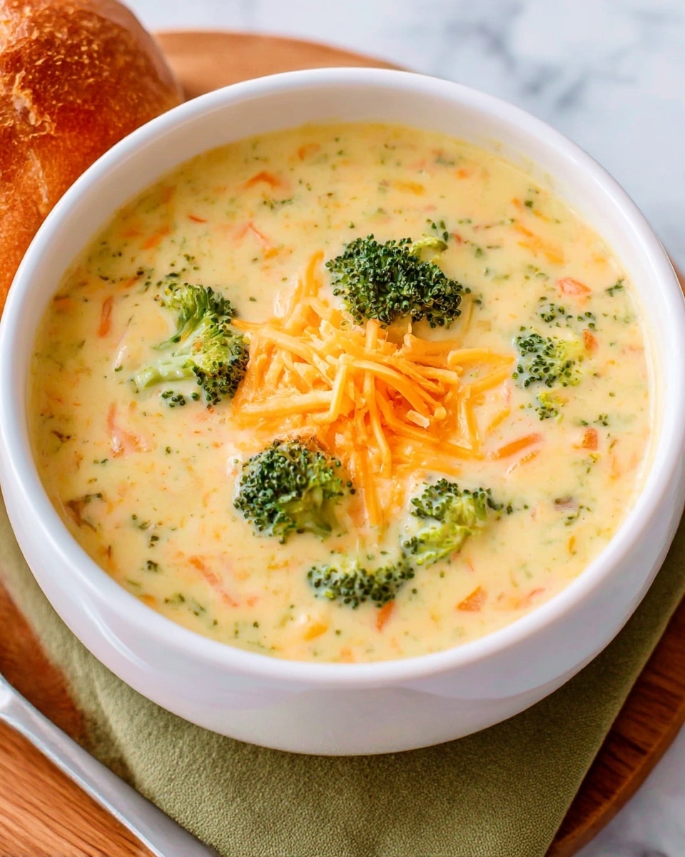 A white bowl filled with creamy light yellow soup, visible chunks of bright green broccoli florets spread throughout, and small orange shredded cheese pieces mostly concentrated in the center on top. The soup is thick with a smooth texture, dotted with tiny bits of red and green vegetables. The bowl is placed on a wooden board with an olive green cloth underneath, and the background has a white marbled texture. Photo taken with an iphone --ar 4:5 --v 7