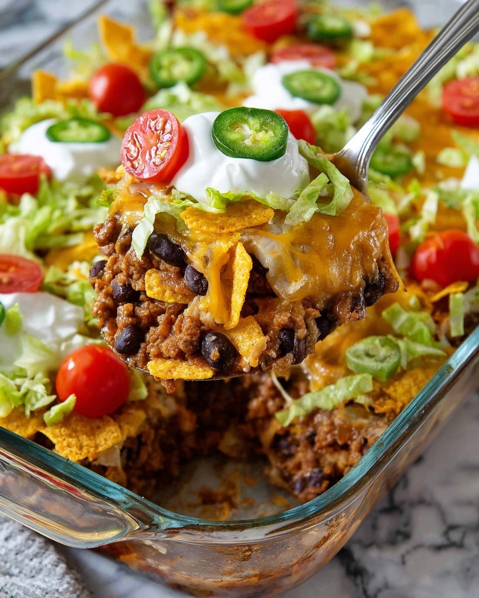 This dish is a layered casserole served in a clear glass baking dish. The first layer is dark cooked black beans mixed with browned ground beef, topped with melted golden cheddar cheese. Above this is a layer of shredded light green lettuce, followed by bright red grape tomato halves and round slices of fresh green jalapeño peppers. The top layer includes scattered light yellow corn chips and a dollop of white sour cream. A metal spoon is scooping up a portion of the casserole from the dish, showing all the layers clearly. The dish is set on a white marbled surface. Photo taken with an iphone --ar 4:5 --v 7