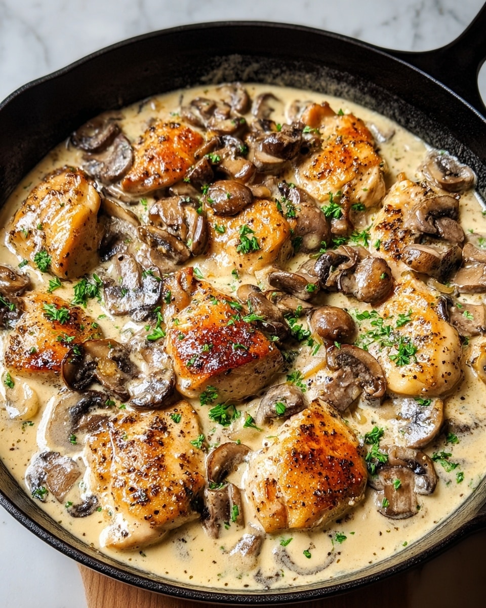 A black cast-iron pan filled with a creamy mushroom chicken dish, showing two main layers: the bottom layer is a smooth, light beige creamy sauce that covers the entire pan, and the top layer has golden-brown seared chicken pieces scattered evenly with slices of cooked dark brown mushrooms. The chicken pieces have a glossy finish with some black pepper specks, and the mushrooms look tender and slightly shiny. Bright green parsley is sprinkled on top, adding a fresh pop of color. The pan sits on a white marbled surface. photo taken with an iphone --ar 4:5 --v 7