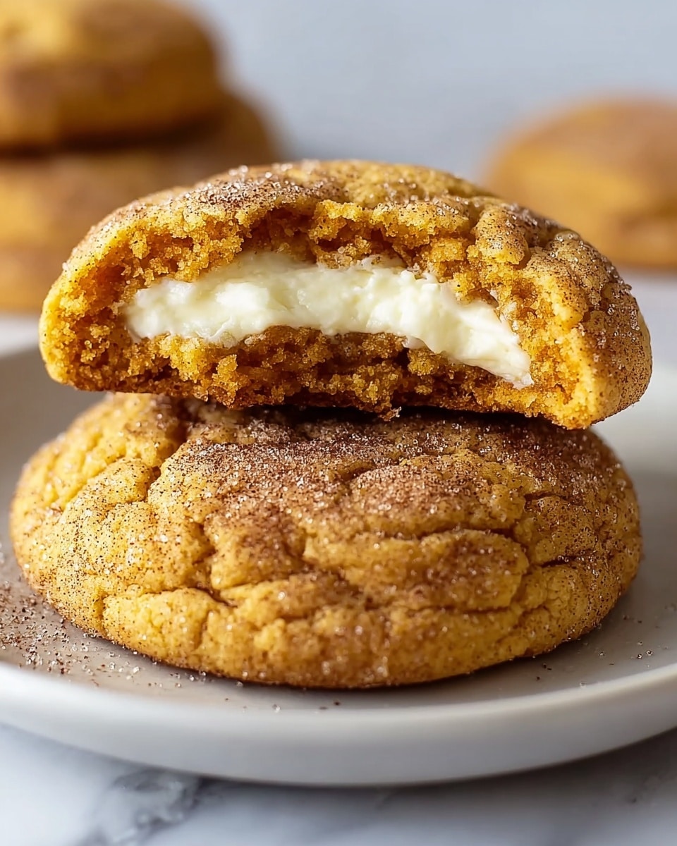 Two soft cookies coated with cinnamon sugar are shown on a white plate placed on a white marbled surface. The bottom cookie is whole, golden brown with a slightly cracked texture and a light dusting of sugar on top. The top cookie is broken in half, revealing a thick, smooth, creamy white filling inside. The cookie exterior is slightly darker on top and appears chewy. Photo taken with an iphone --ar 4:5 --v 7