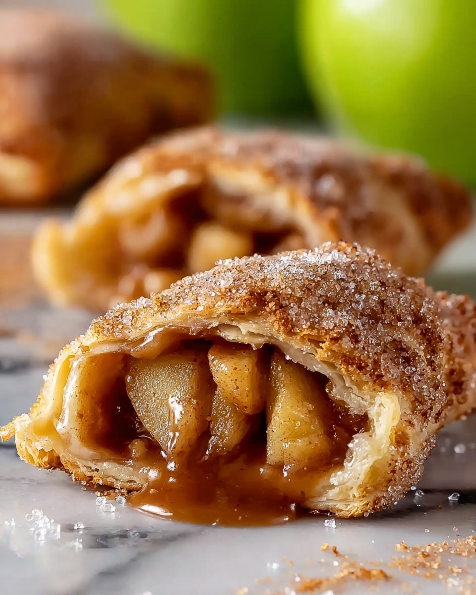 The image shows a close-up of a golden-brown pastry cut open revealing its inside. The outer layer is flaky and coated with sparkling sugar crystals mixed with cinnamon, giving it a rough texture. Inside, there are several soft, caramel-colored apple slices covered in thick, shiny caramel sauce that slightly drips out from the pastry. The pastry is placed on a white marbled surface with some sugar crystals scattered around it. In the background, there is a blurred green apple and another piece of pastry. photo taken with an iphone --ar 4:5 --v 7