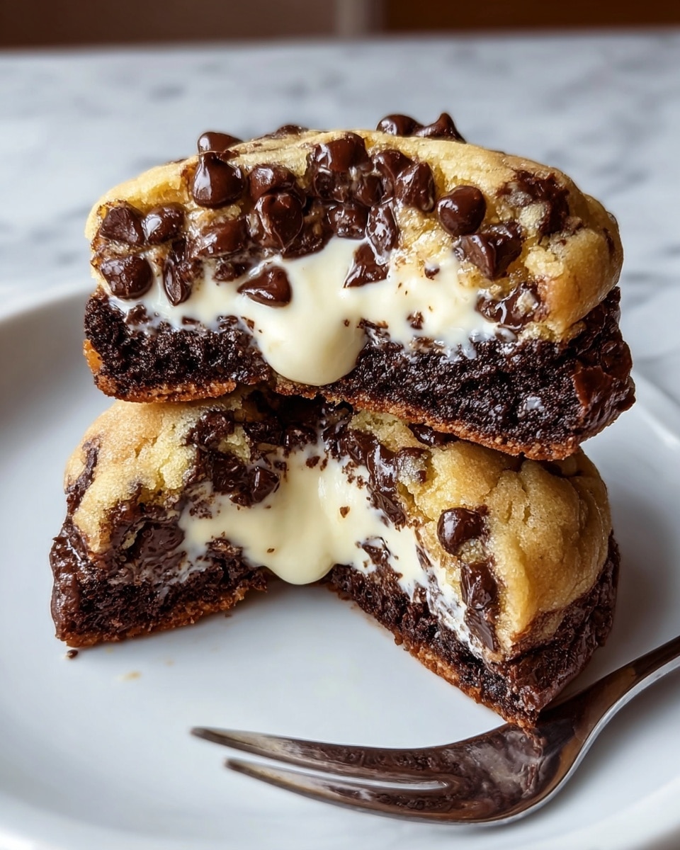 A close-up of a dessert showing two thick halves of a cookie stuffed with creamy white filling, placed on a white plate with a fork slightly blurred in the background. The cookie has three visible layers: the top layer is a golden brown cookie dough with dark melted chocolate chips scattered on it, the middle layer is smooth, creamy white filling, and the bottom layer is a rich, dark chocolate cookie base. The cookie halves are stacked, with one half leaning on the other, revealing the creamy layer inside. The background is a white marbled surface. Photo taken with an iphone --ar 4:5 --v 7